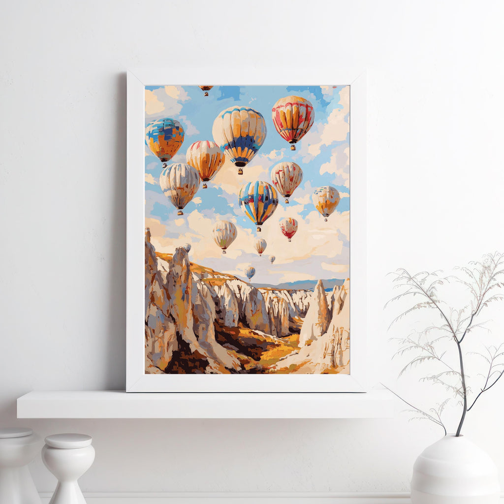 Cappadocia Balloon Skies – Textured Beige Oil Painting of Hot Air Balloons over Turkey’s Fairy Chimneys