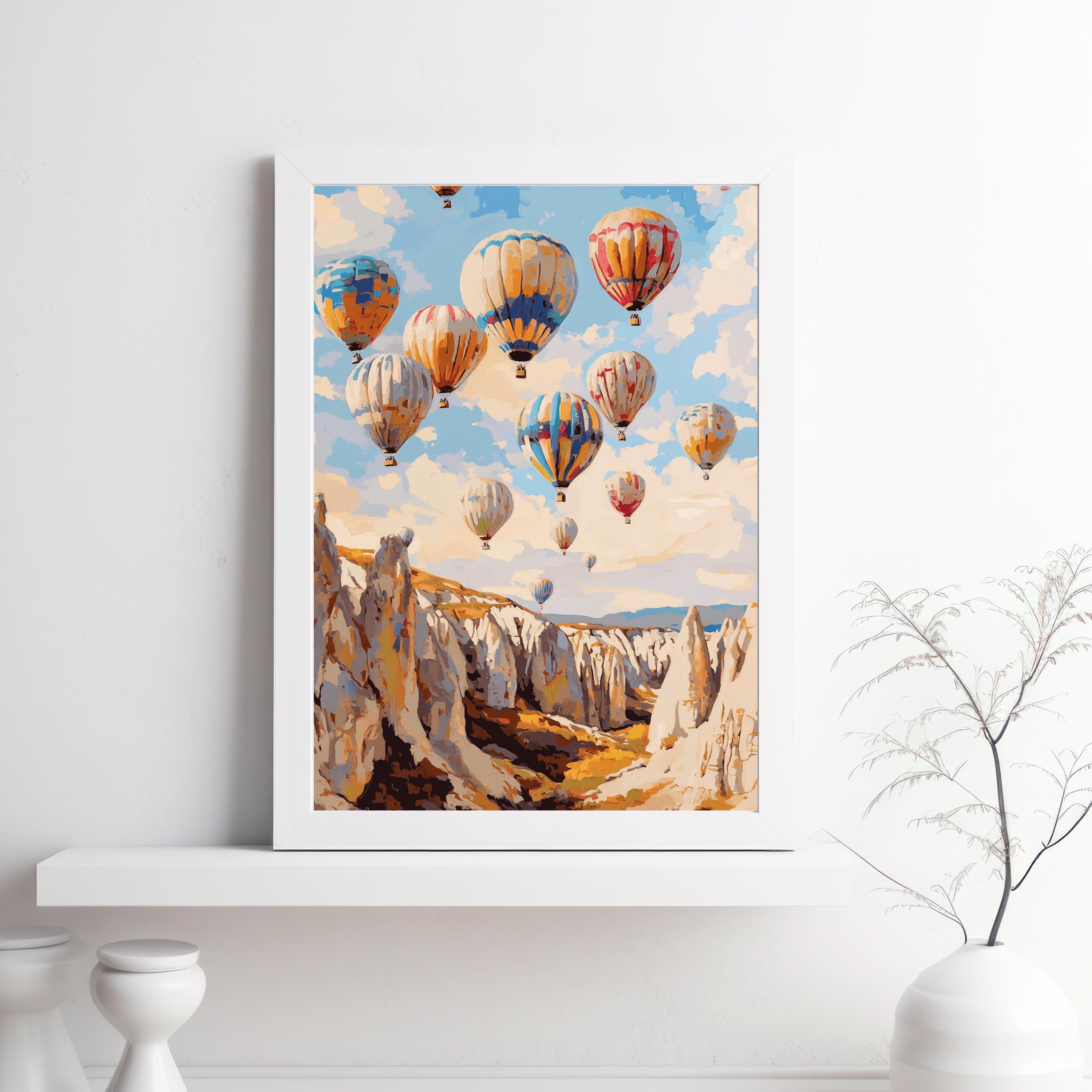 Cappadocia Balloon Skies – Textured Beige Oil Painting of Hot Air Balloons over Turkey’s Fairy Chimneys