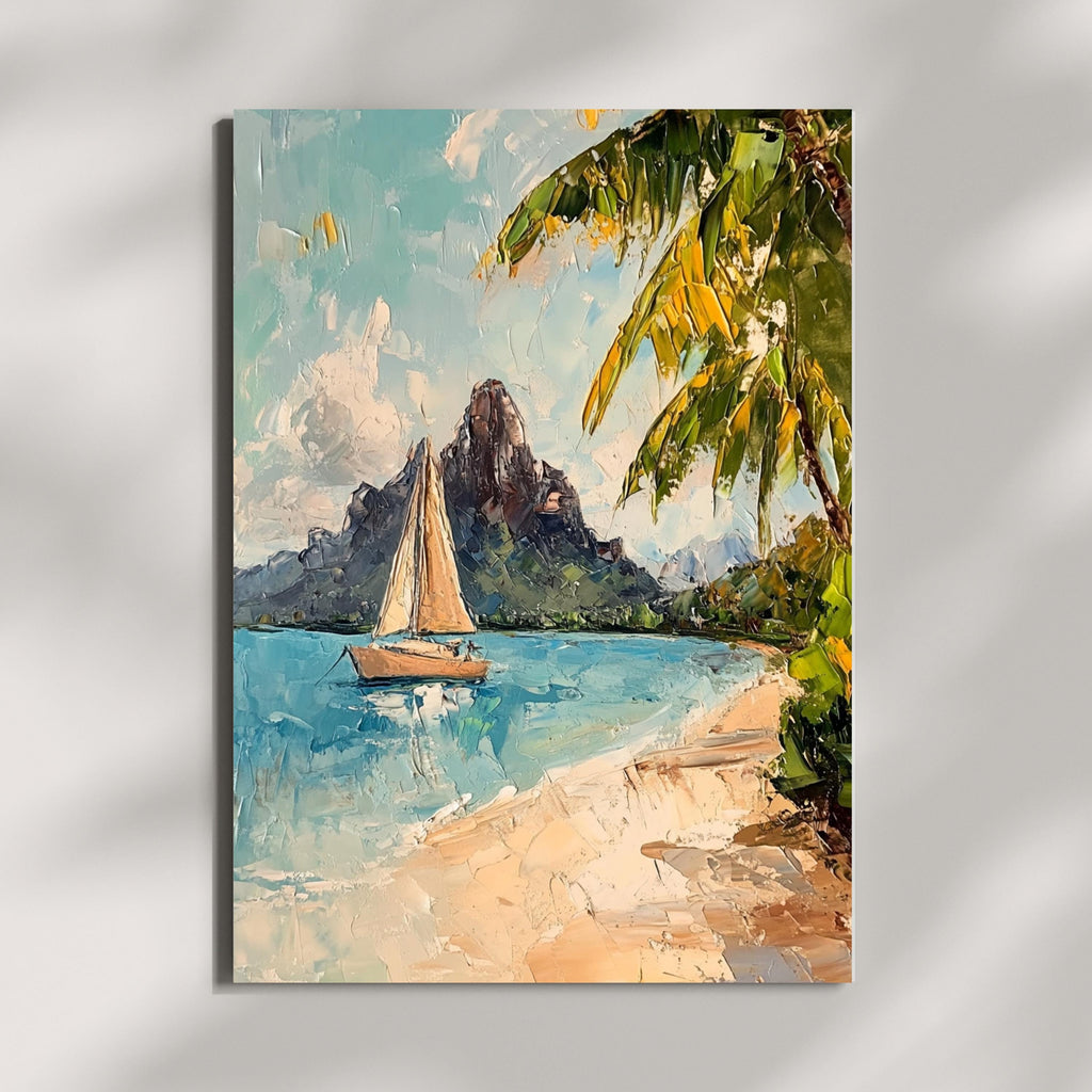 Bora Bora Tranquility – Textured Beige Oil Painting of Island Bungalows, Calm Waters, and Mount Otemanu