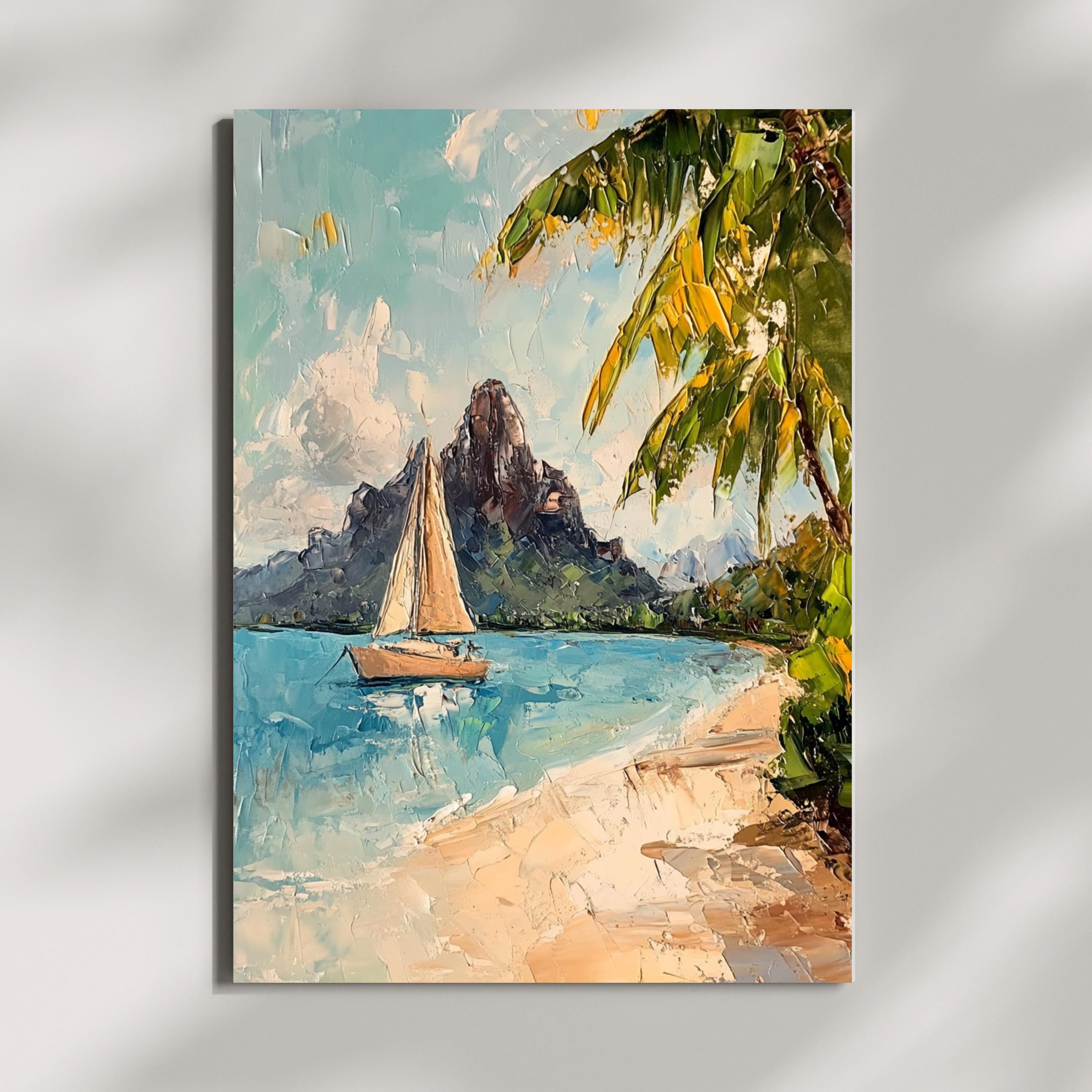 Bora Bora Tranquility – Textured Beige Oil Painting of Island Bungalows, Calm Waters, and Mount Otemanu