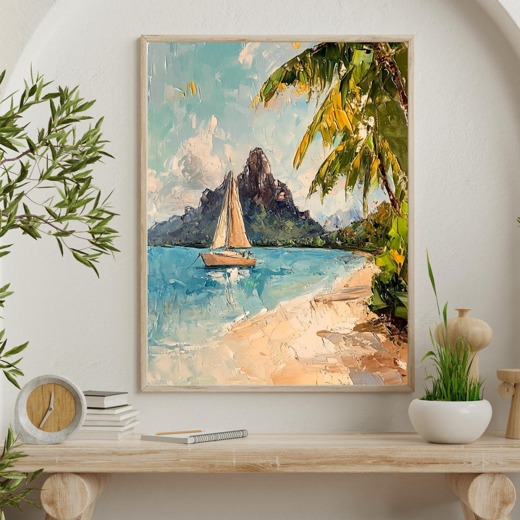 Bora Bora Tranquility – Textured Beige Oil Painting of Island Bungalows, Calm Waters, and Mount Otemanu
