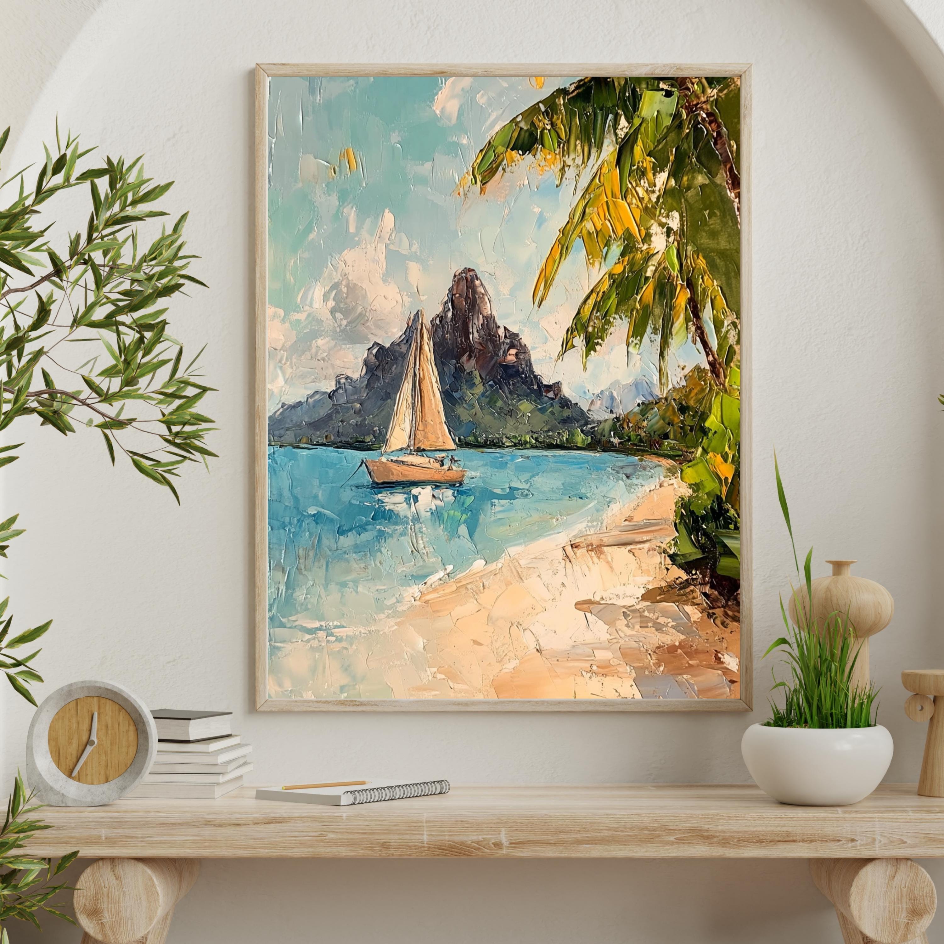Bora Bora Tranquility – Textured Beige Oil Painting of Island Bungalows, Calm Waters, and Mount Otemanu