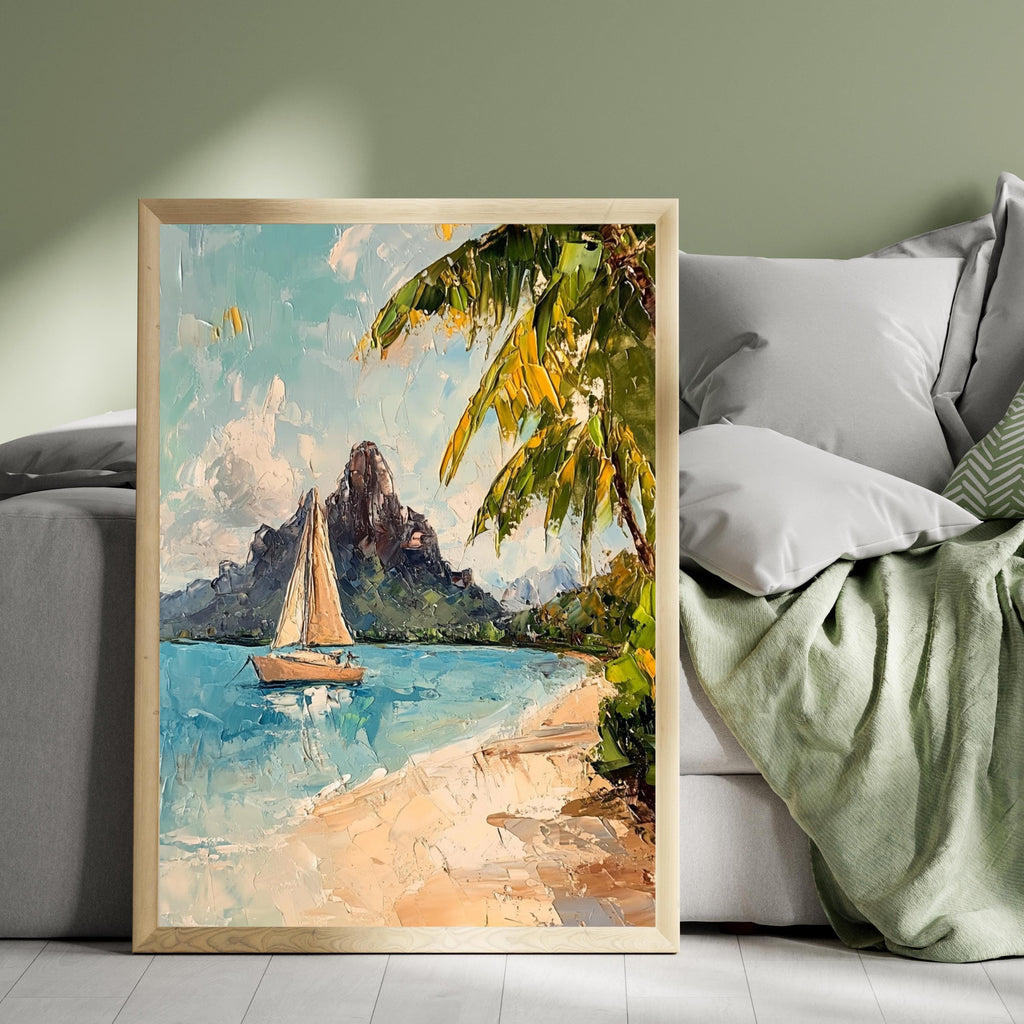 Bora Bora Tranquility – Textured Beige Oil Painting of Island Bungalows, Calm Waters, and Mount Otemanu