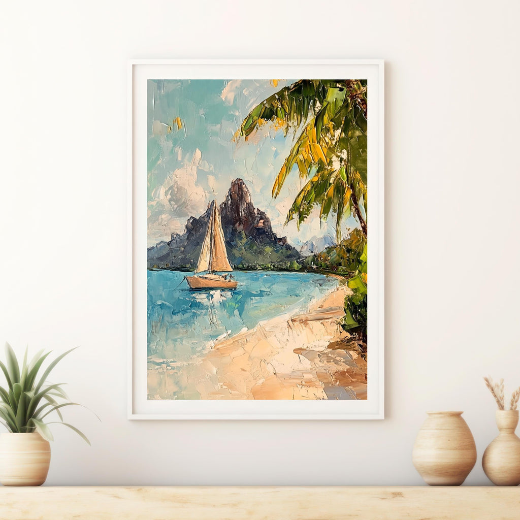 Bora Bora Tranquility – Textured Beige Oil Painting of Island Bungalows, Calm Waters, and Mount Otemanu