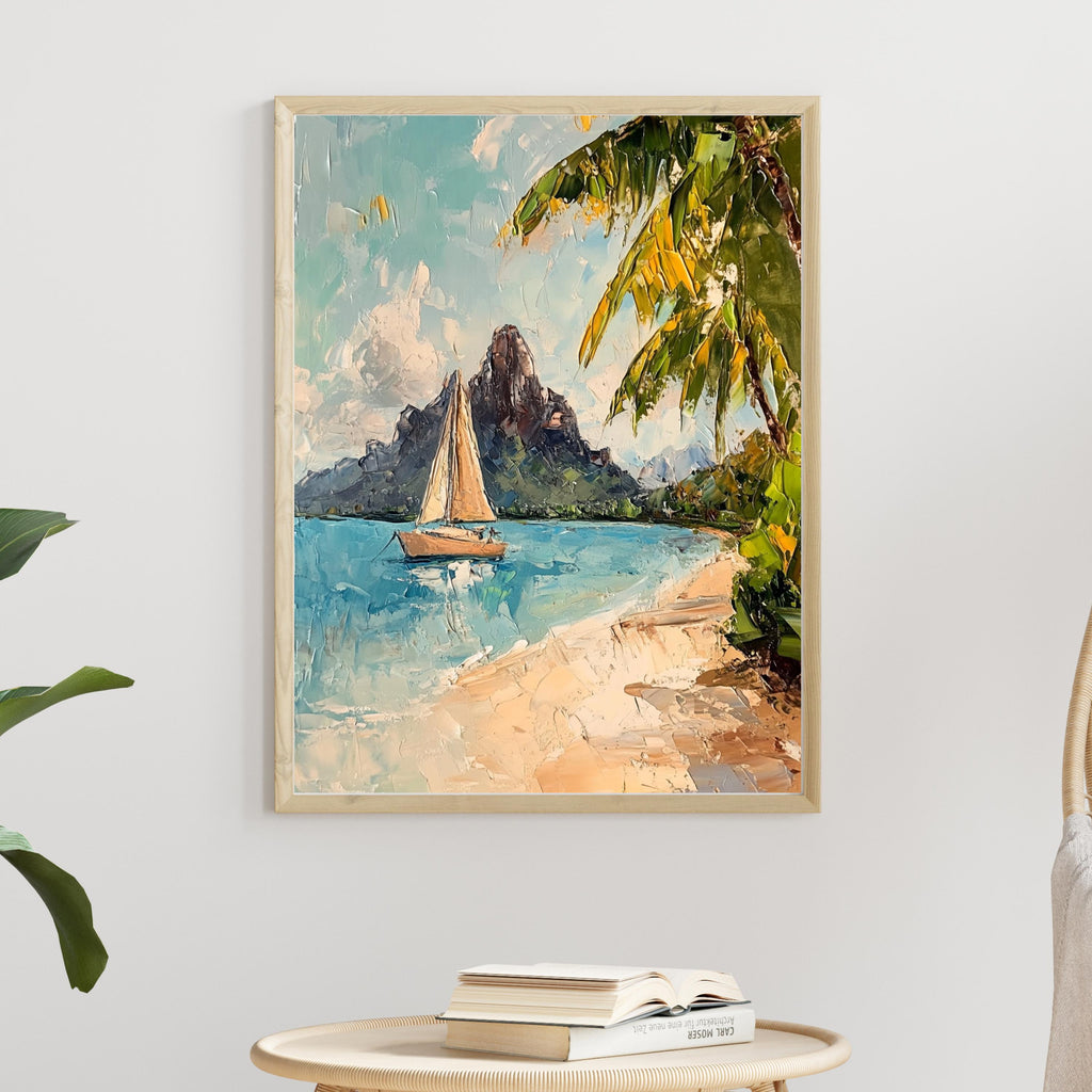 Bora Bora Tranquility – Textured Beige Oil Painting of Island Bungalows, Calm Waters, and Mount Otemanu