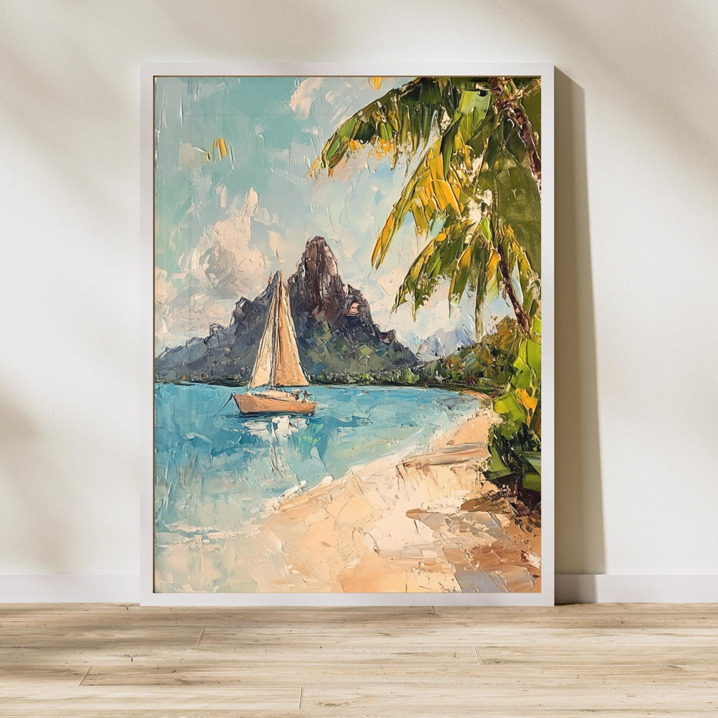 Bora Bora Tranquility – Textured Beige Oil Painting of Island Bungalows, Calm Waters, and Mount Otemanu