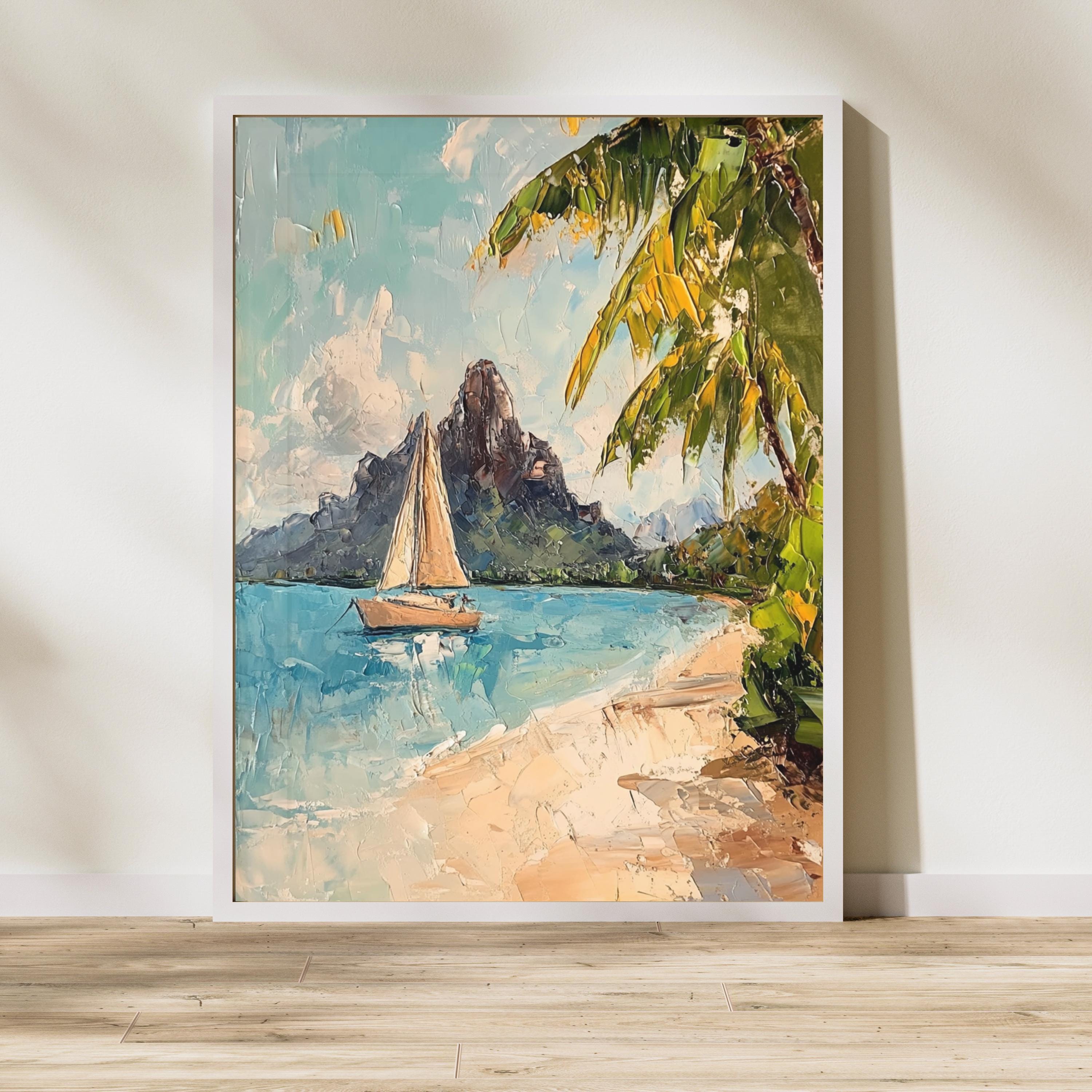 Bora Bora Tranquility – Textured Beige Oil Painting of Island Bungalows, Calm Waters, and Mount Otemanu