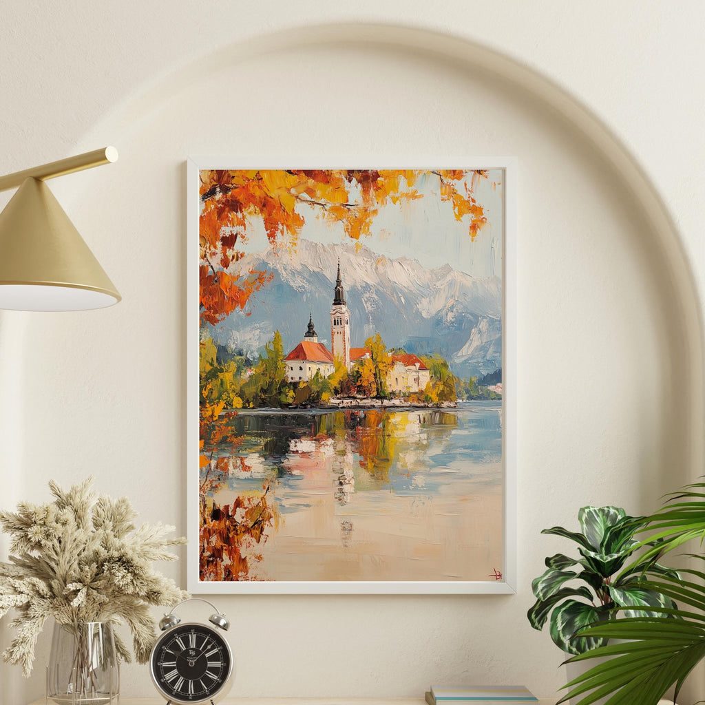 Serenity at Lake Bled – Textured Beige Oil Painting of Slovenia’s Island Church and Alpine Reflections