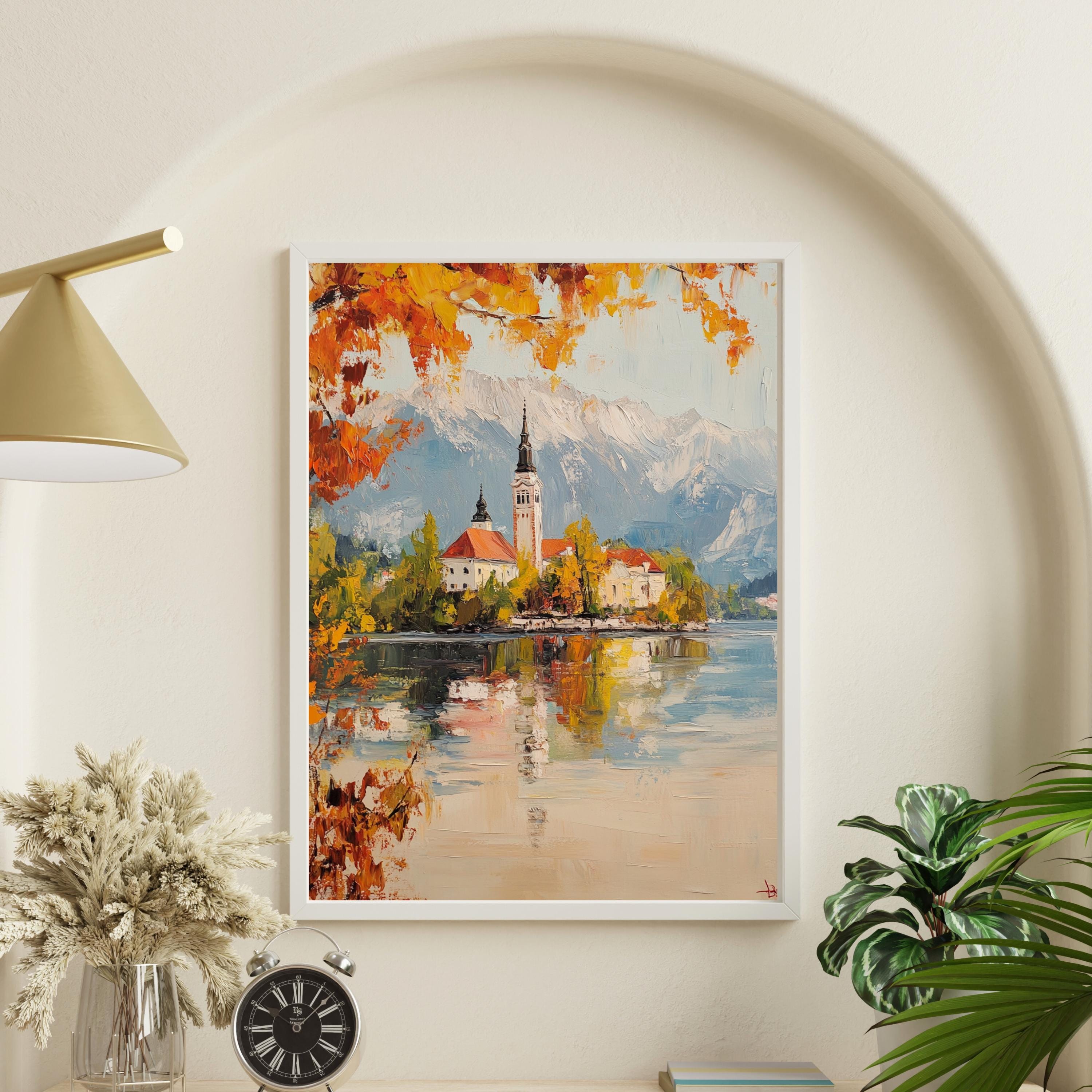 Serenity at Lake Bled – Textured Beige Oil Painting of Slovenia’s Island Church and Alpine Reflections