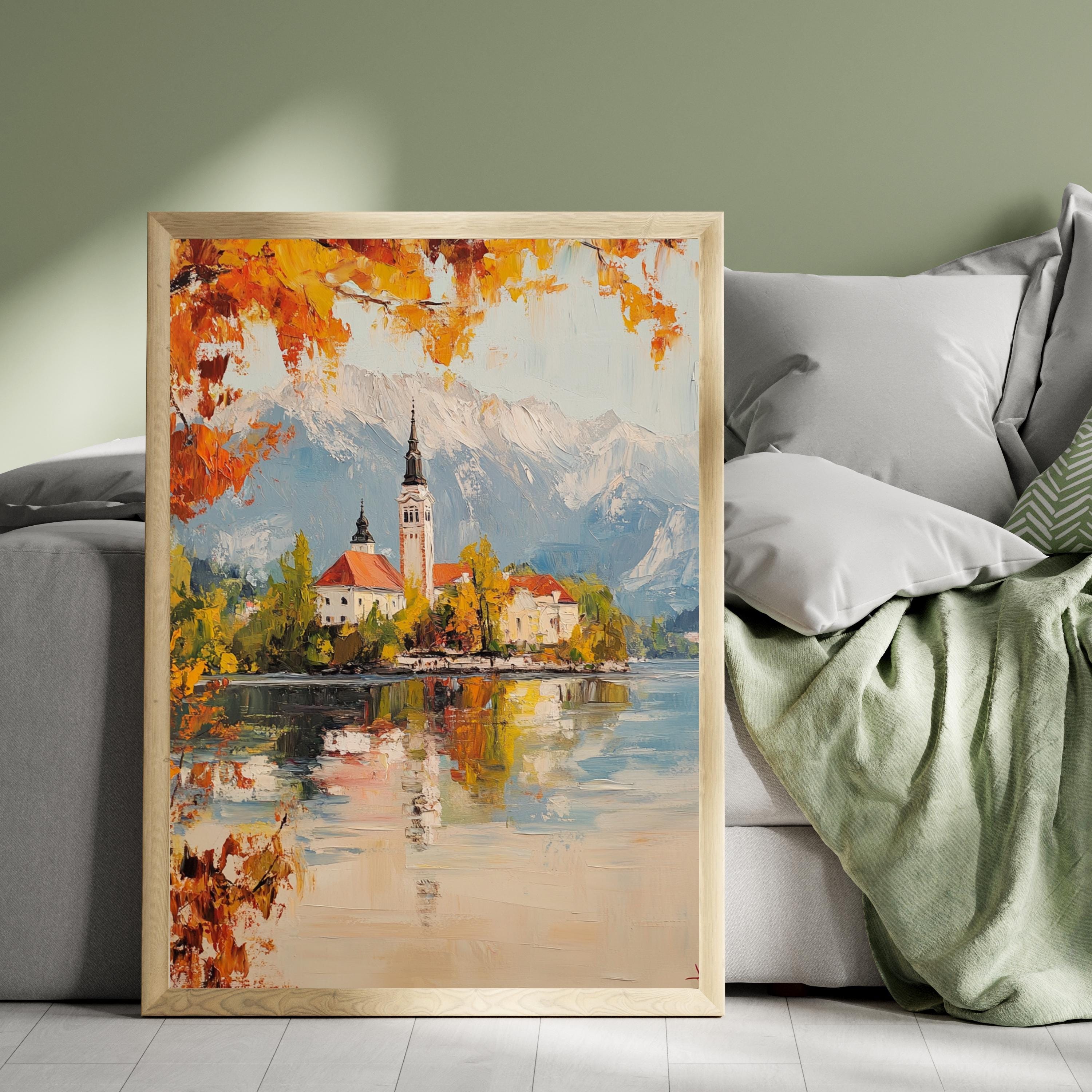 Serenity at Lake Bled – Textured Beige Oil Painting of Slovenia’s Island Church and Alpine Reflections