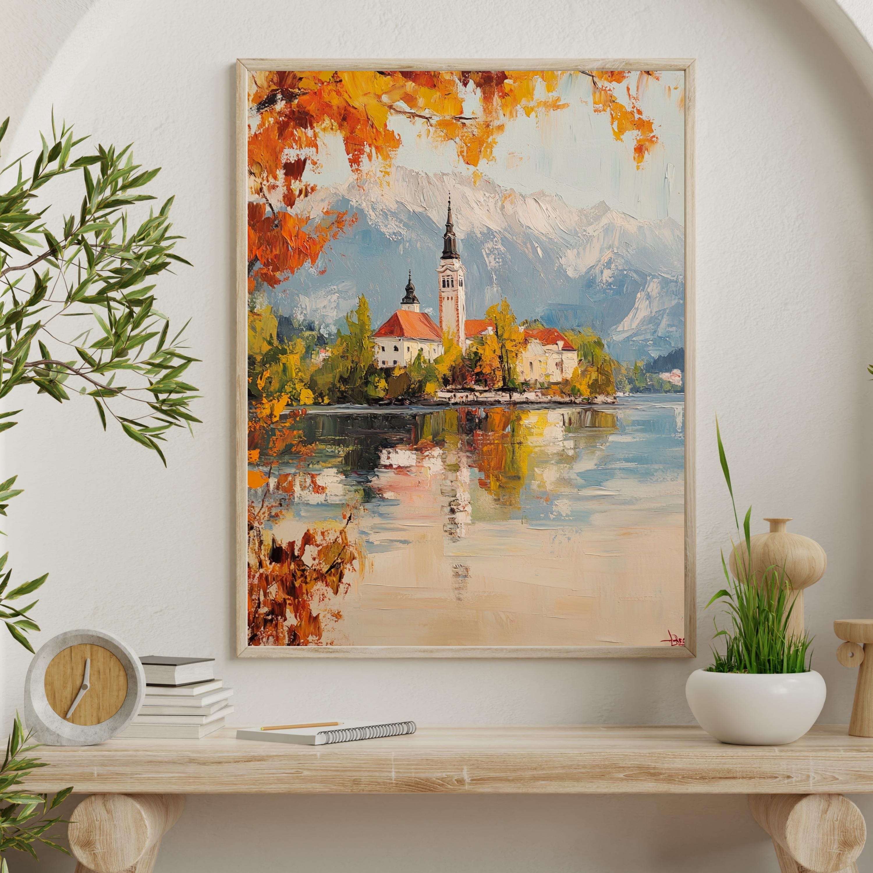 Serenity at Lake Bled – Textured Beige Oil Painting of Slovenia’s Island Church and Alpine Reflections