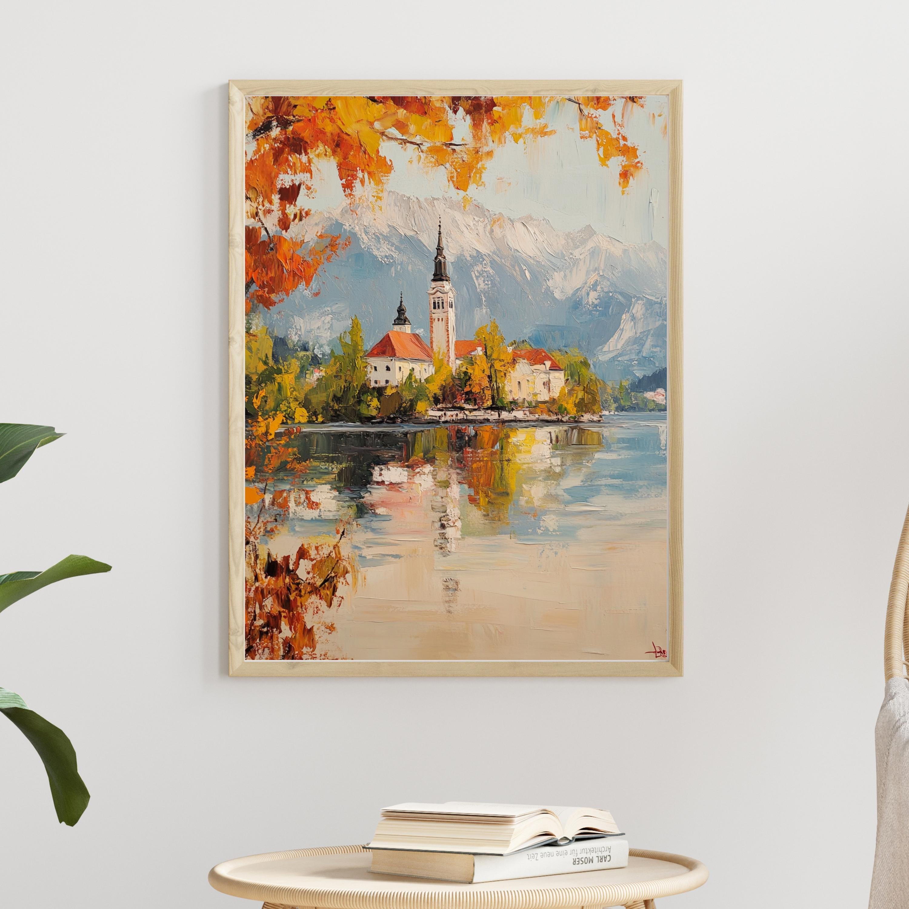 Serenity at Lake Bled – Textured Beige Oil Painting of Slovenia’s Island Church and Alpine Reflections