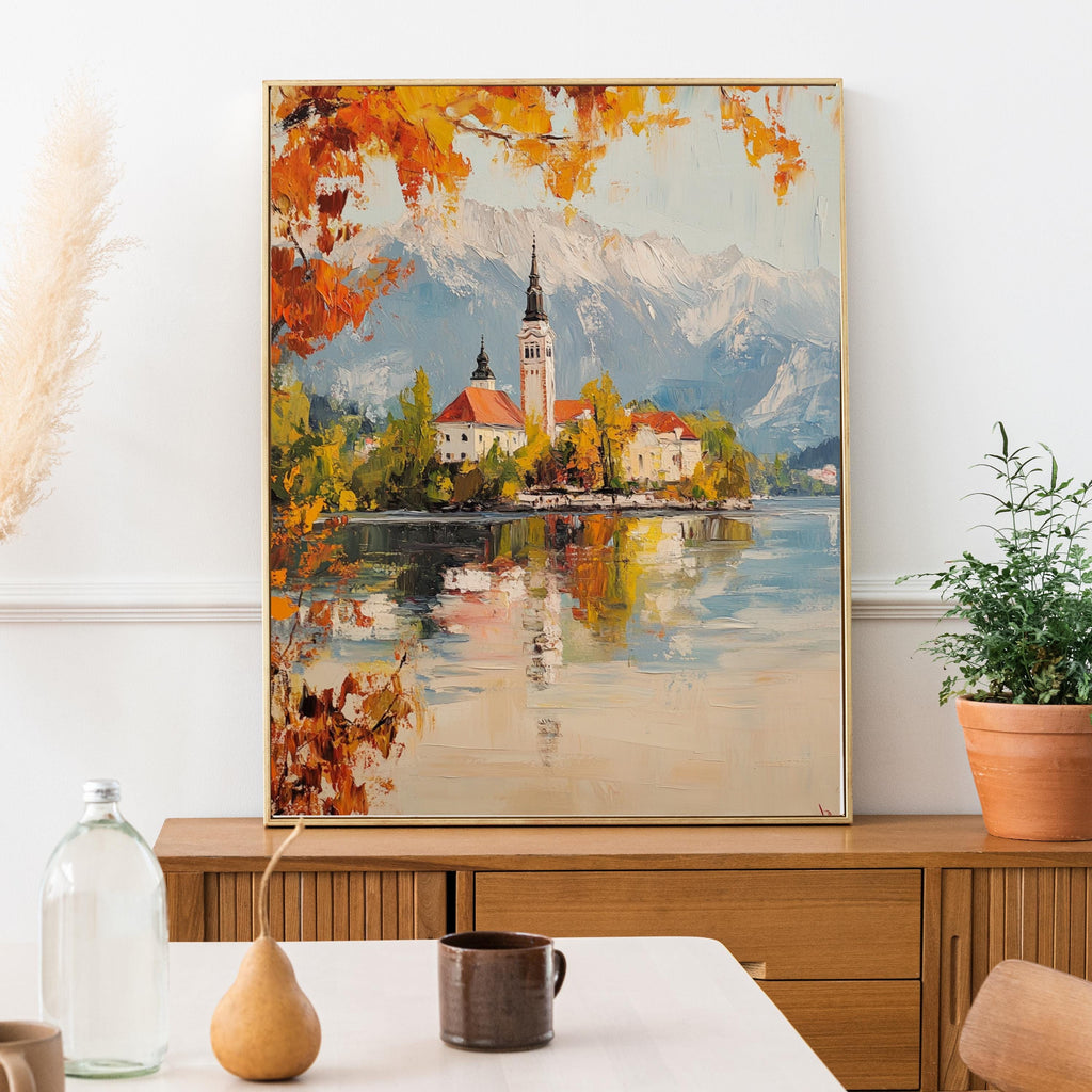 Serenity at Lake Bled – Textured Beige Oil Painting of Slovenia’s Island Church and Alpine Reflections