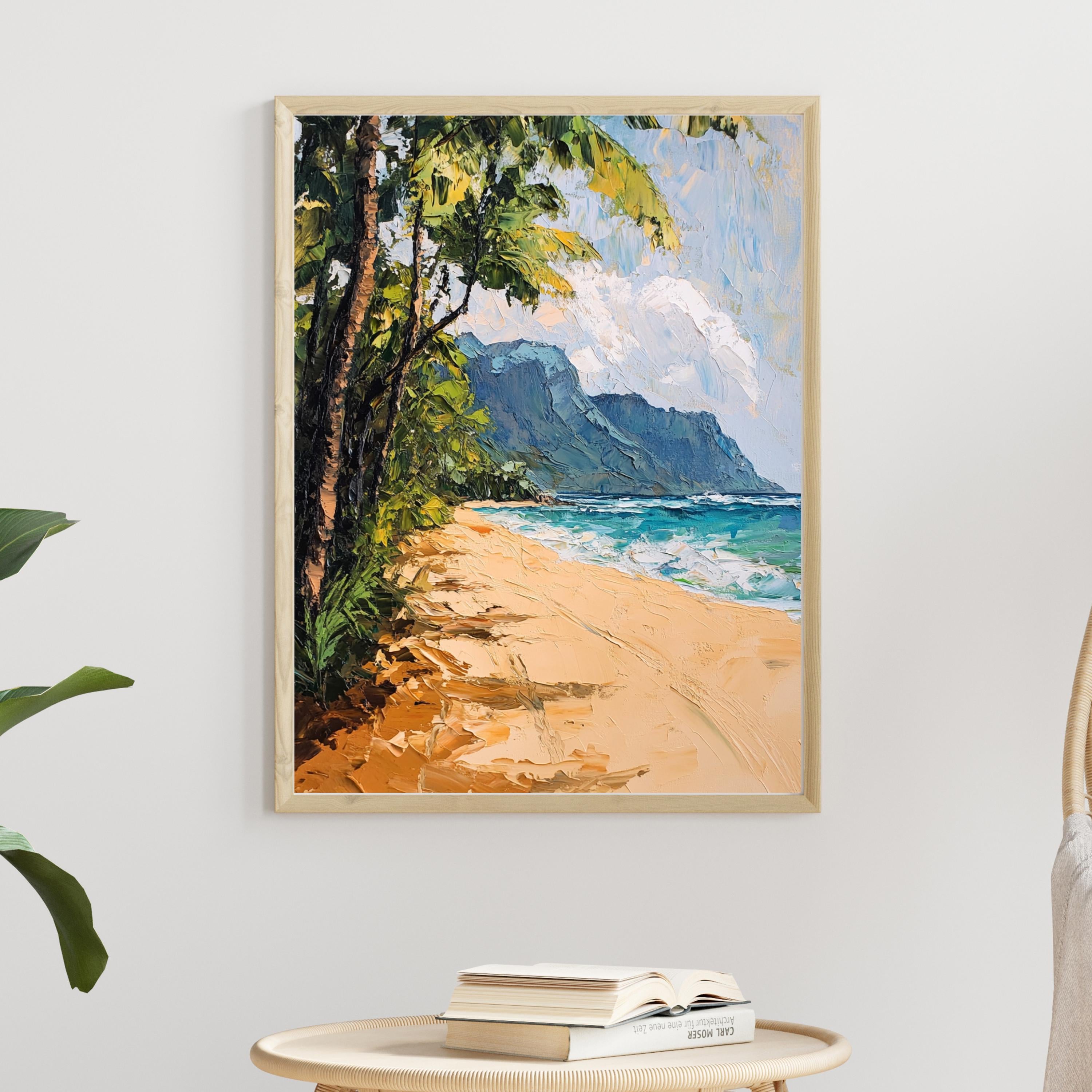 Tunnels Beach Kauai painting Tranquility – Textured Beige Oil Painting of Kauai’s North Shore and Napali Coastline
