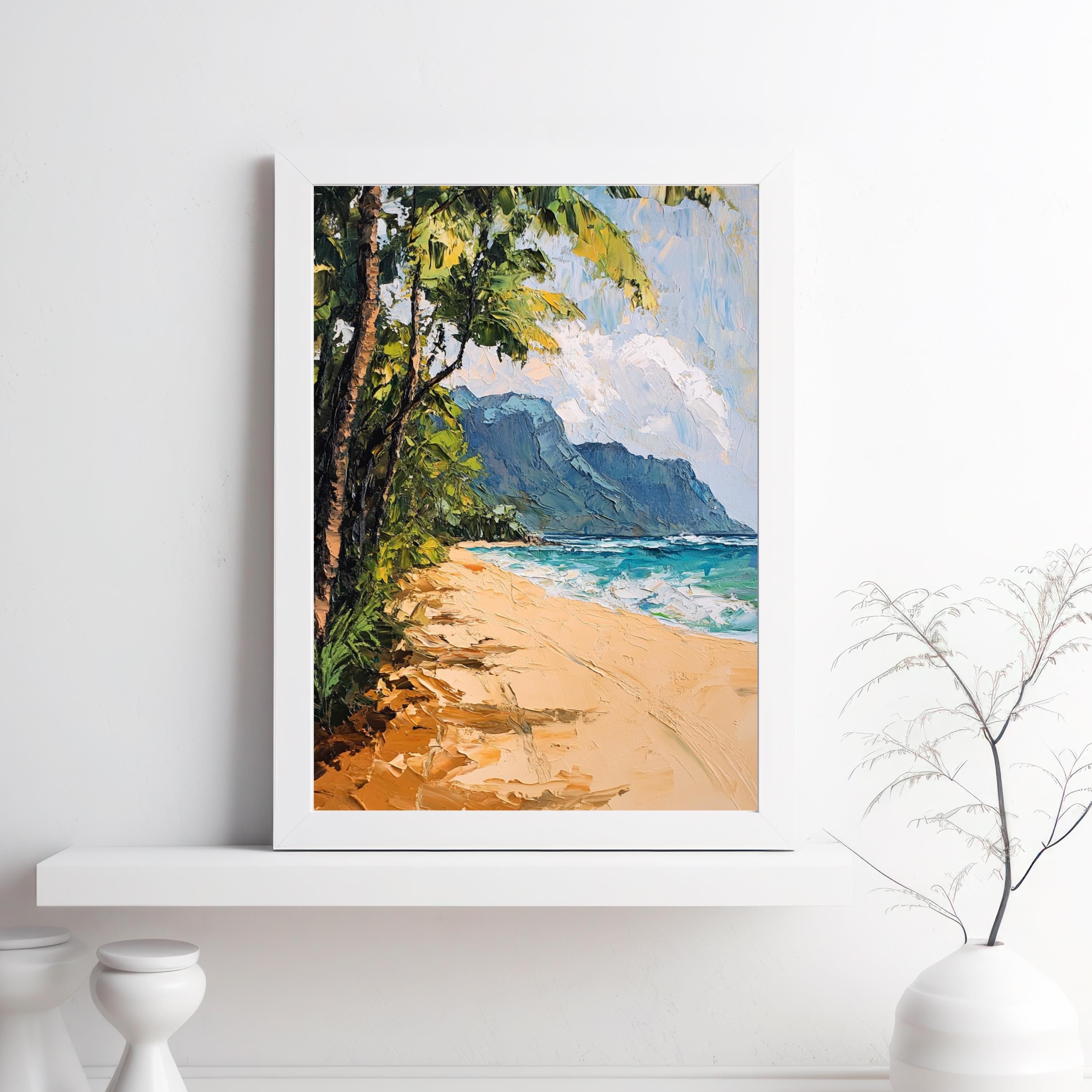 Tunnels Beach Kauai painting Tranquility – Textured Beige Oil Painting of Kauai’s North Shore and Napali Coastline