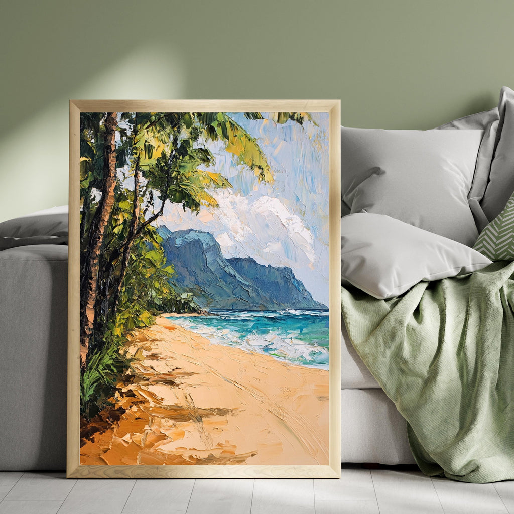 Tunnels Beach Kauai painting Tranquility – Textured Beige Oil Painting of Kauai’s North Shore and Napali Coastline