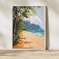 Tunnels Beach Kauai painting Tranquility – Textured Beige Oil Painting of Kauai’s North Shore and Napali Coastline