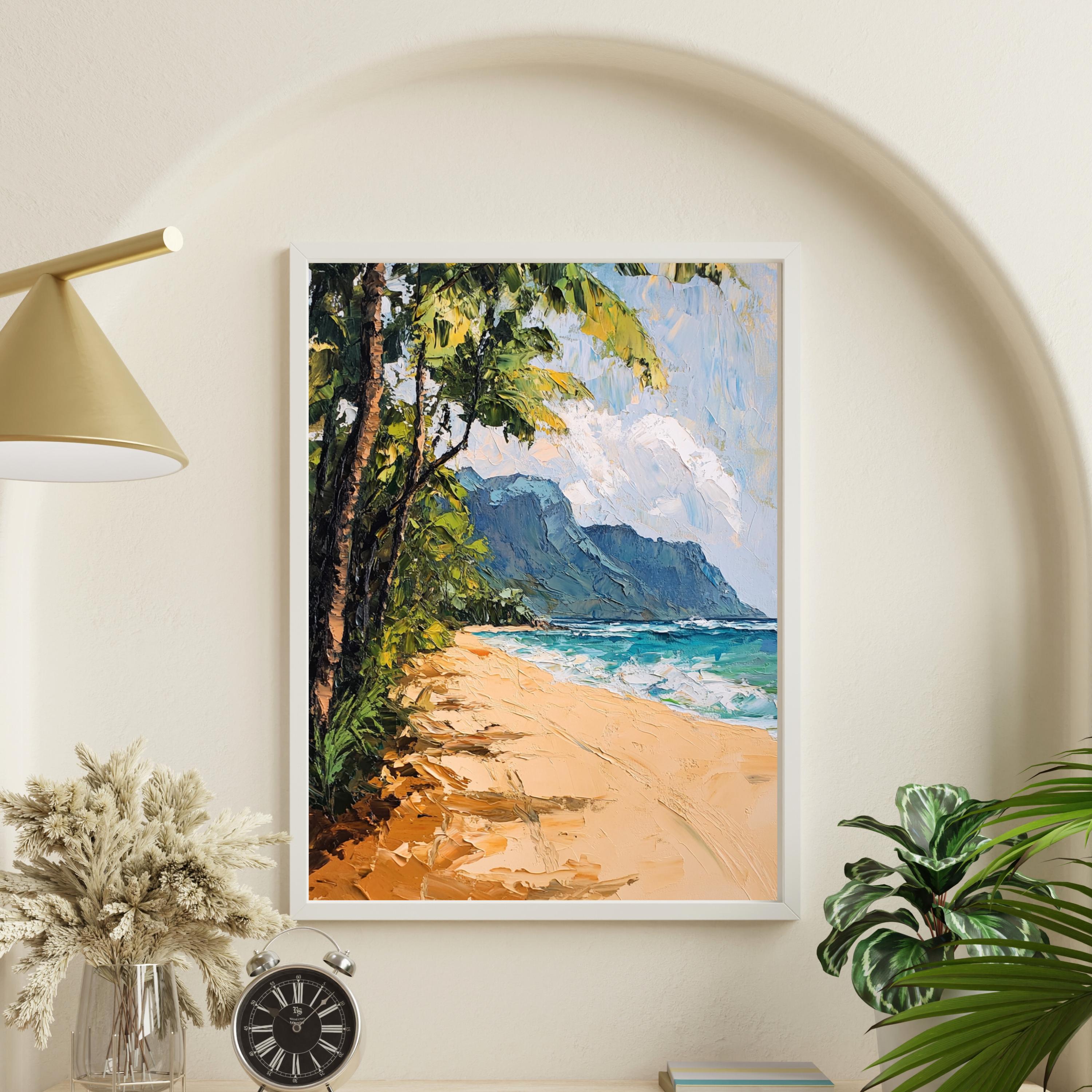 Tunnels Beach Kauai painting Tranquility – Textured Beige Oil Painting of Kauai’s North Shore and Napali Coastline