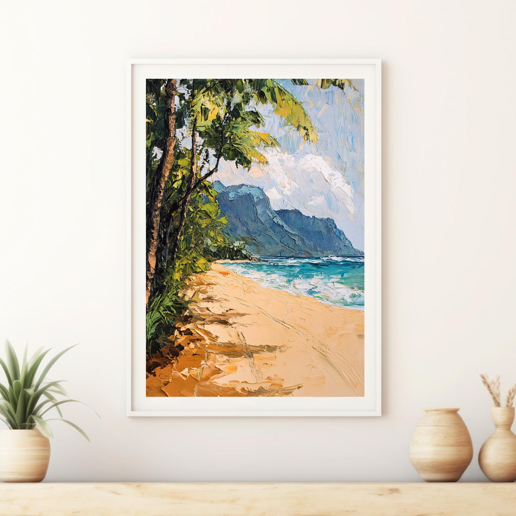 Tunnels Beach Kauai painting Tranquility – Textured Beige Oil Painting of Kauai’s North Shore and Napali Coastline