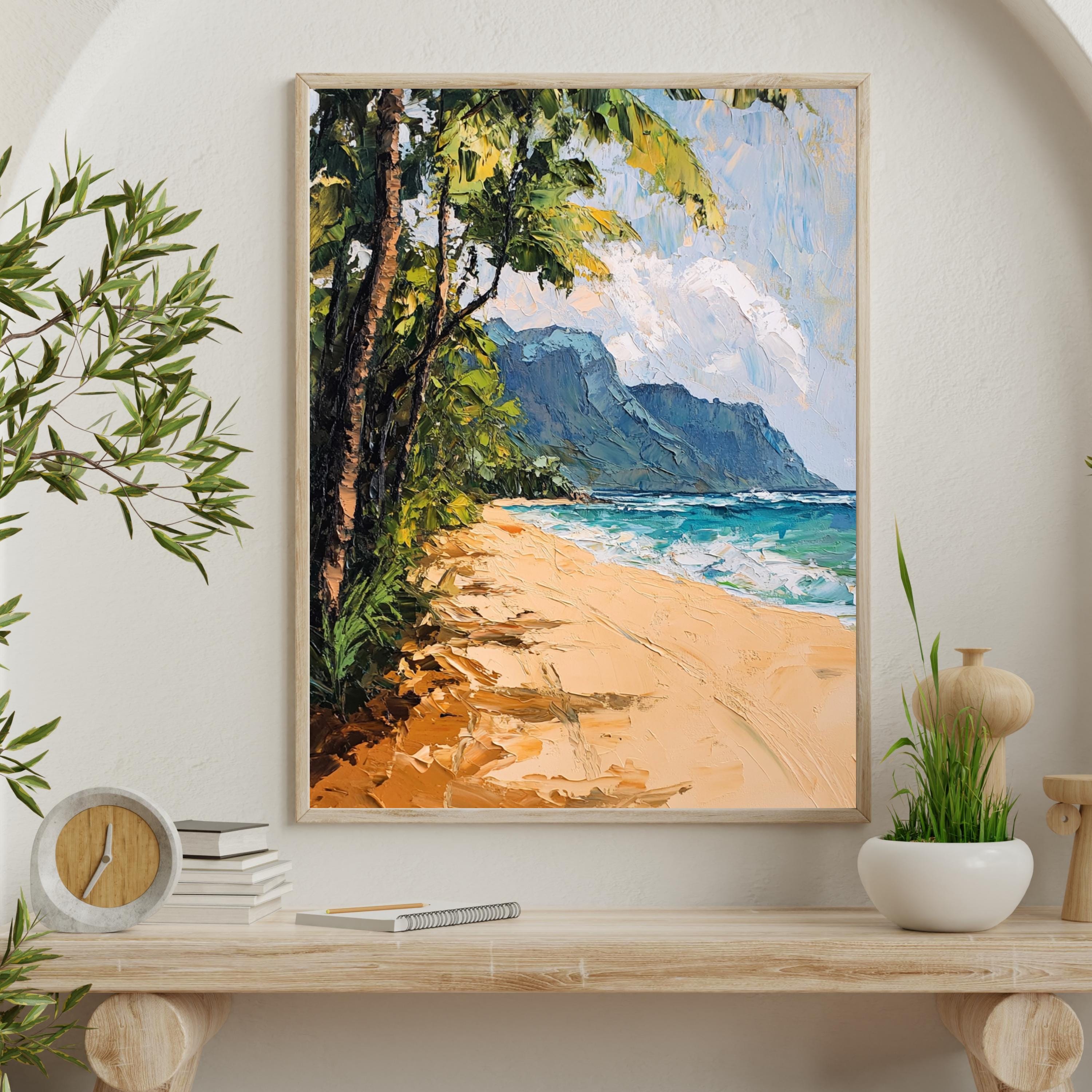 Tunnels Beach Kauai painting Tranquility – Textured Beige Oil Painting of Kauai’s North Shore and Napali Coastline