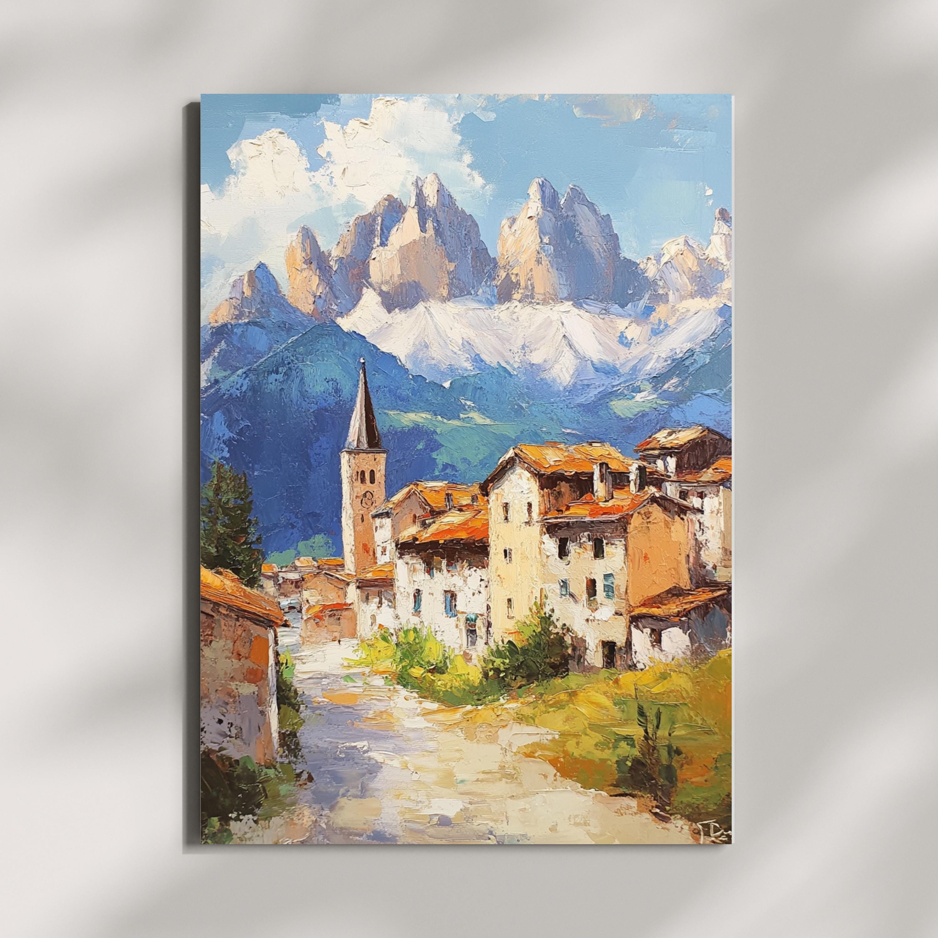 Stillness in the Peaks – Textured Beige Oil Painting of the Italian Dolomites and Alpine Silence