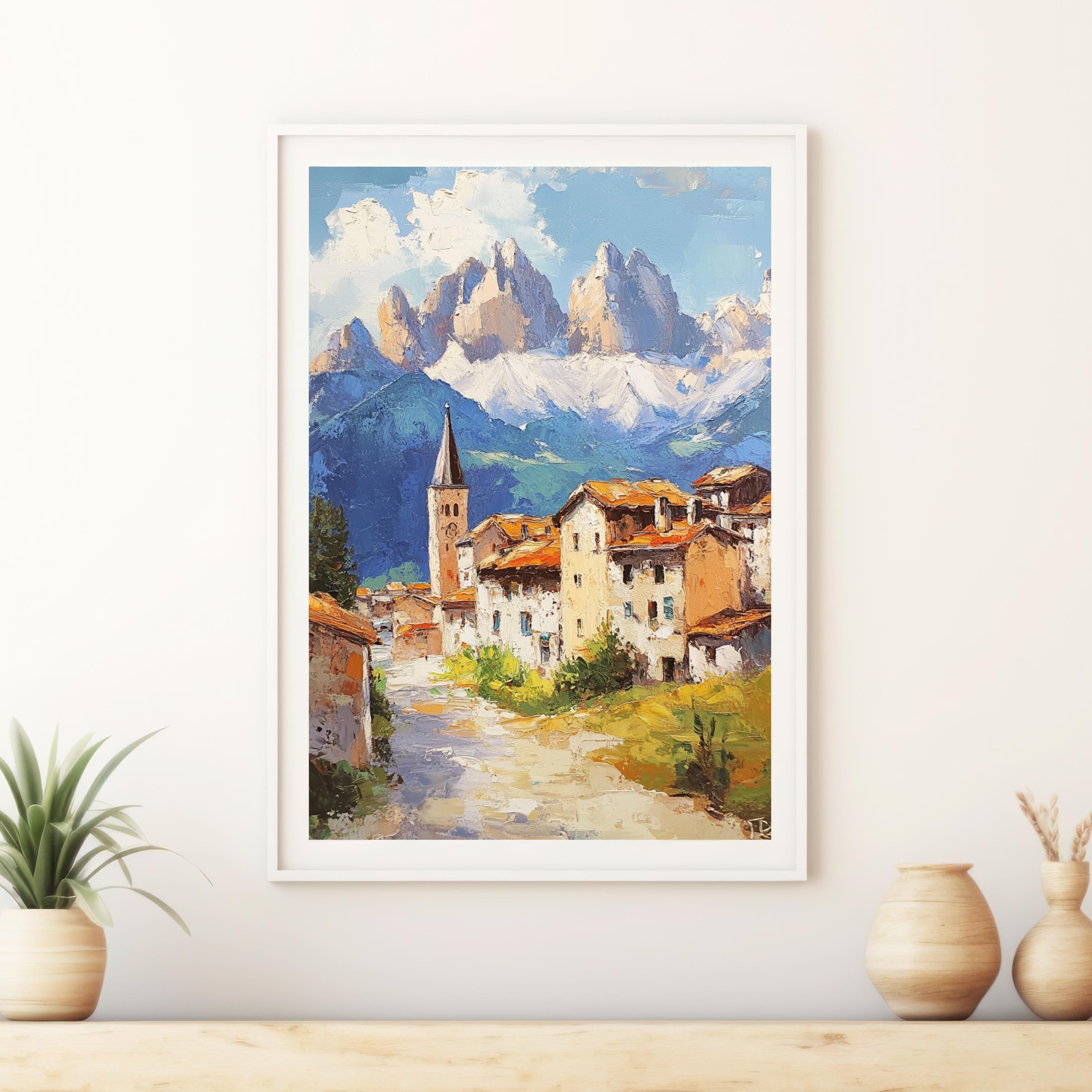 Stillness in the Peaks – Textured Beige Oil Painting of the Italian Dolomites and Alpine Silence