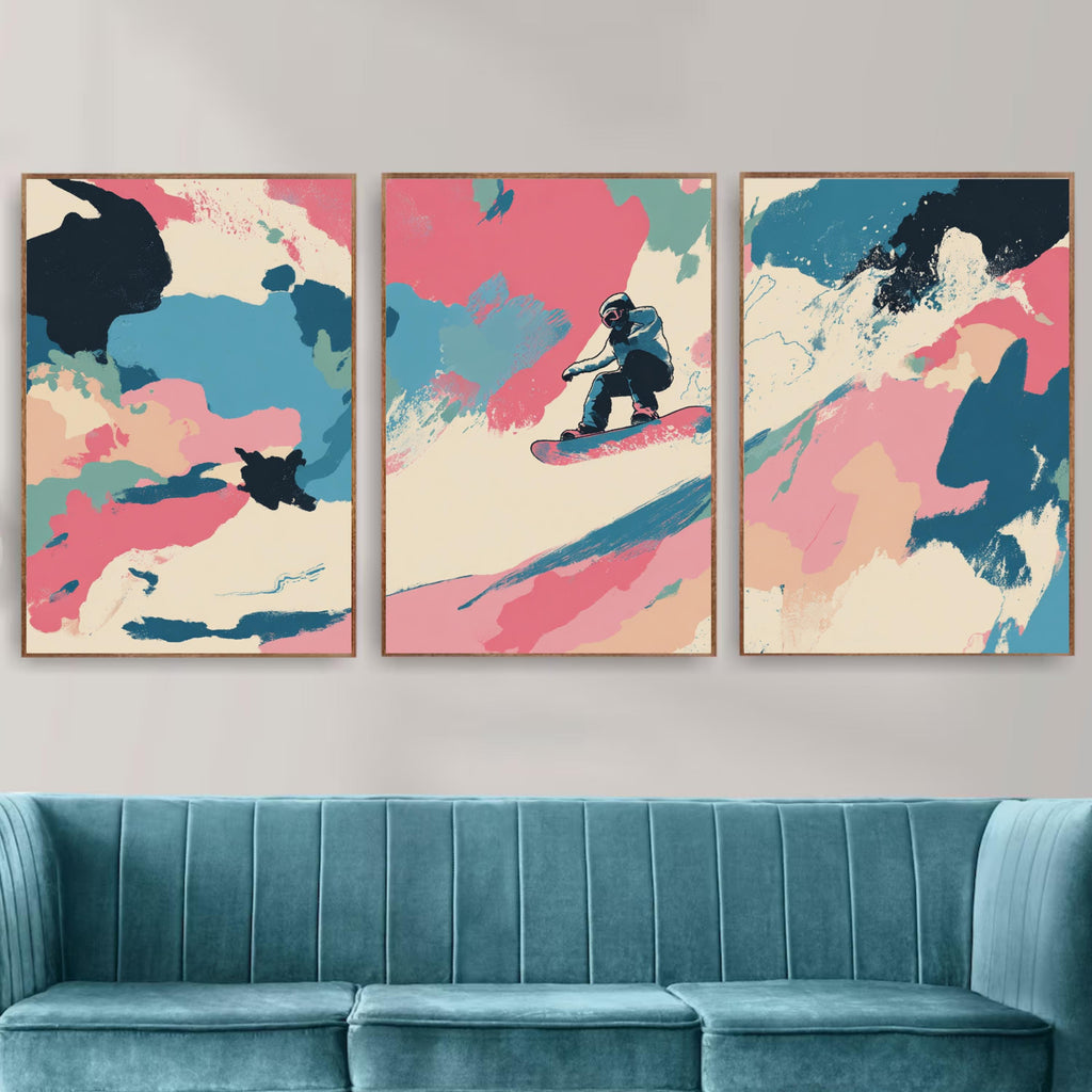 Abstract Snowboarding Painting Poster Set | 3 Piece Wall Art Prints | Extreme Winter Sports Acrylic Artwork | Large 32x24 Inch Prints