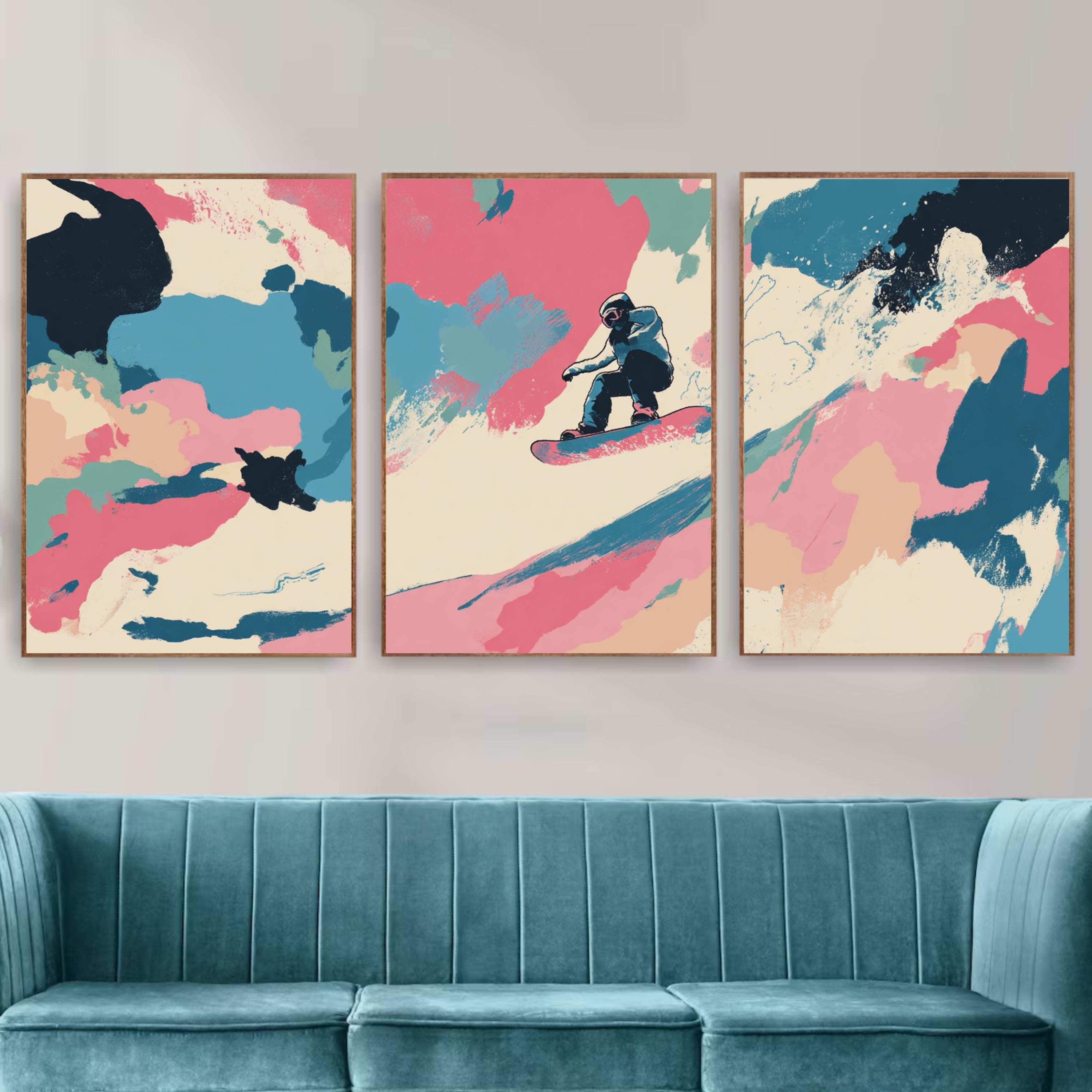 Abstract Snowboarding Painting Poster Set | 3 Piece Wall Art Prints | Extreme Winter Sports Acrylic Artwork | Large 32x24 Inch Prints