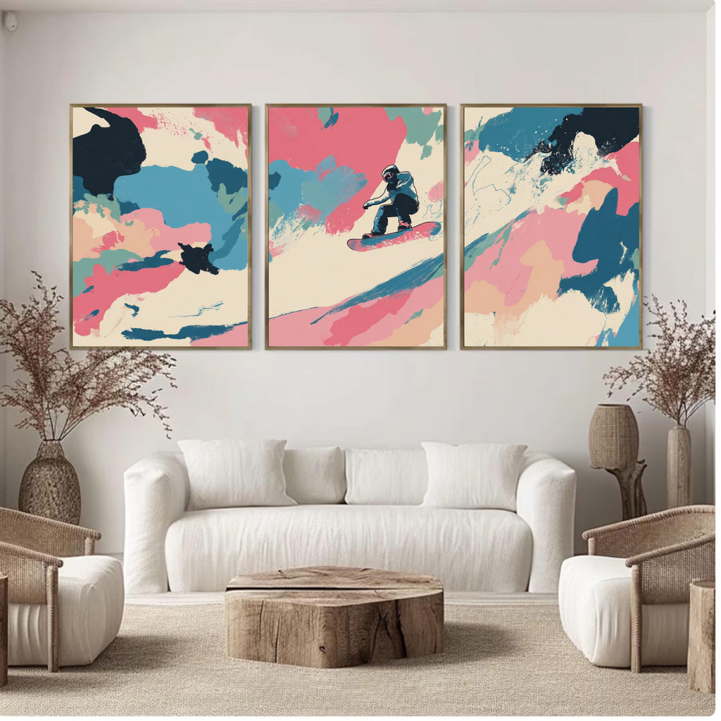 Abstract Snowboarding Painting Poster Set | 3 Piece Wall Art Prints | Extreme Winter Sports Acrylic Artwork | Large 32x24 Inch Prints