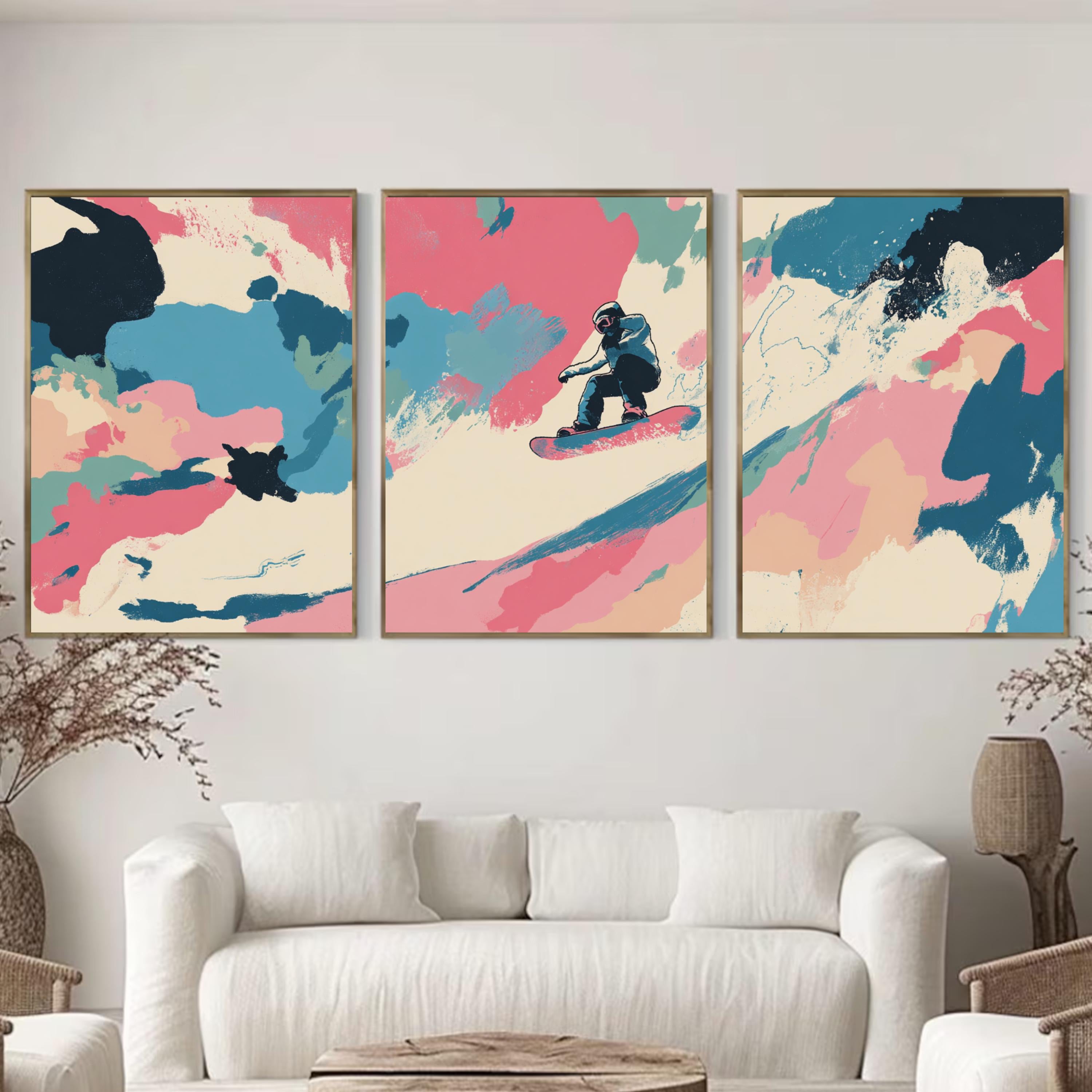Abstract Snowboarding Painting Poster Set | 3 Piece Wall Art Prints | Extreme Winter Sports Acrylic Artwork | Large 32x24 Inch Prints