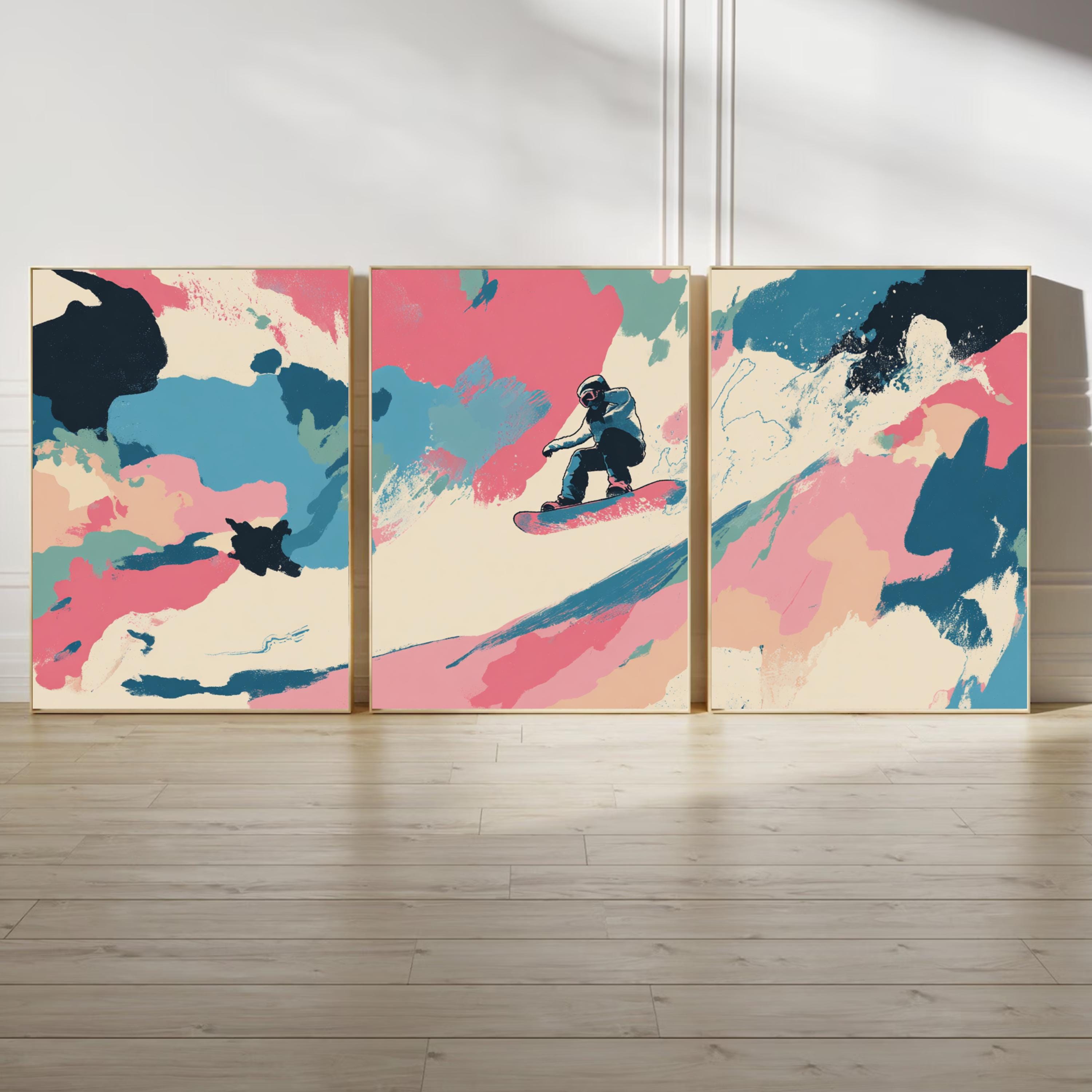 Abstract Snowboarding Painting Poster Set | 3 Piece Wall Art Prints | Extreme Winter Sports Acrylic Artwork | Large 32x24 Inch Prints