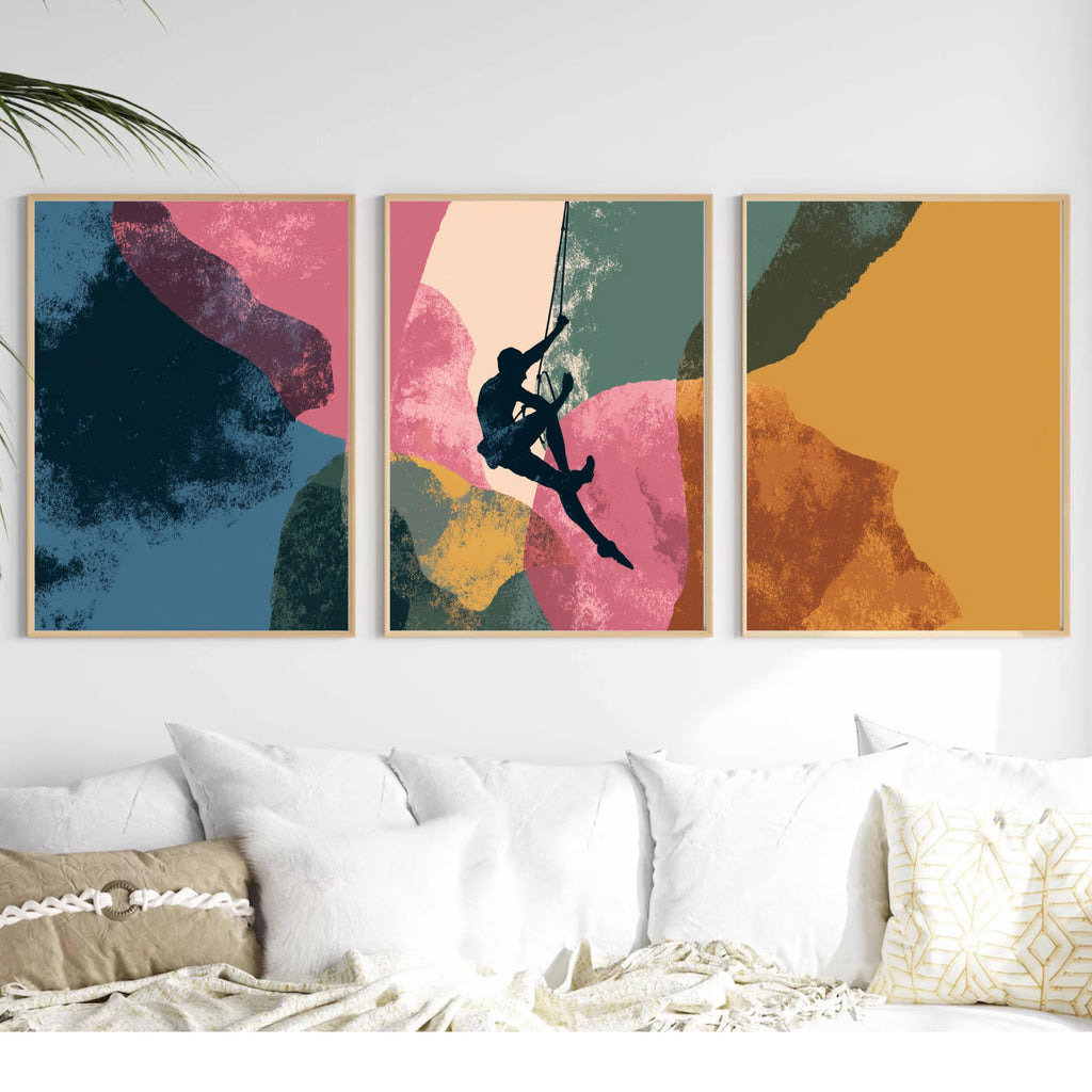 Abstract Rock Climbing Painting Poster Set | 3 Piece Wall Art Prints | Extreme Outdoor Sports Acrylic Artwork | Large 32x24 Inch Prints