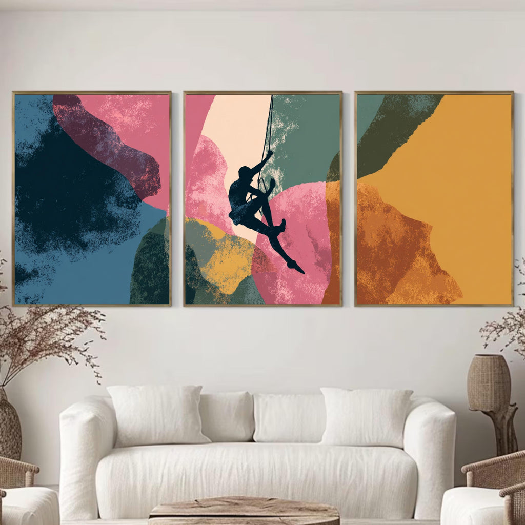 Abstract Rock Climbing Painting Poster Set | 3 Piece Wall Art Prints | Extreme Outdoor Sports Acrylic Artwork | Large 32x24 Inch Prints