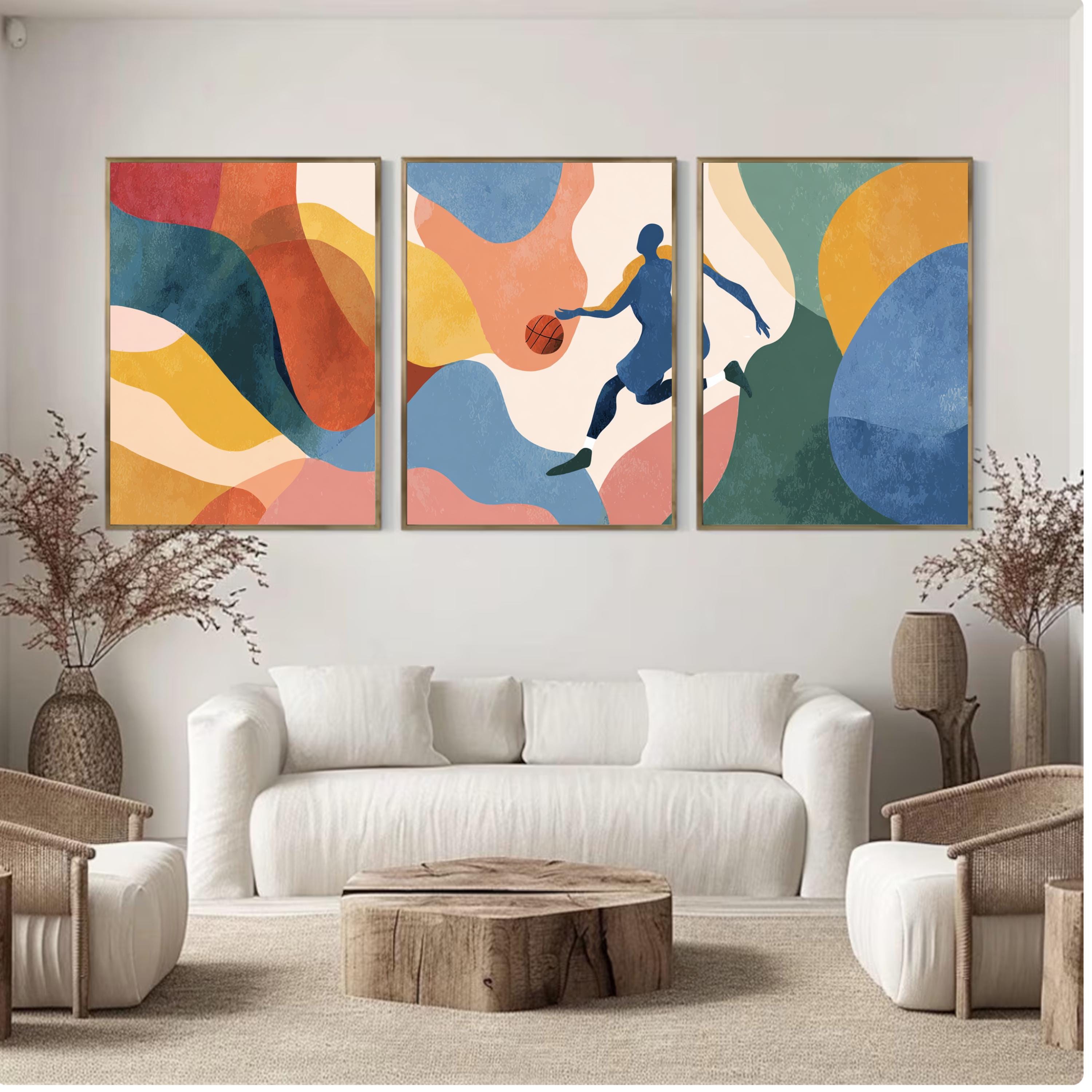 Abstract Basketball Art Poster Set | 3 Piece Sports Wall Prints | Basketball Gift for Players and Fans, Large 32x24 Inch Prints