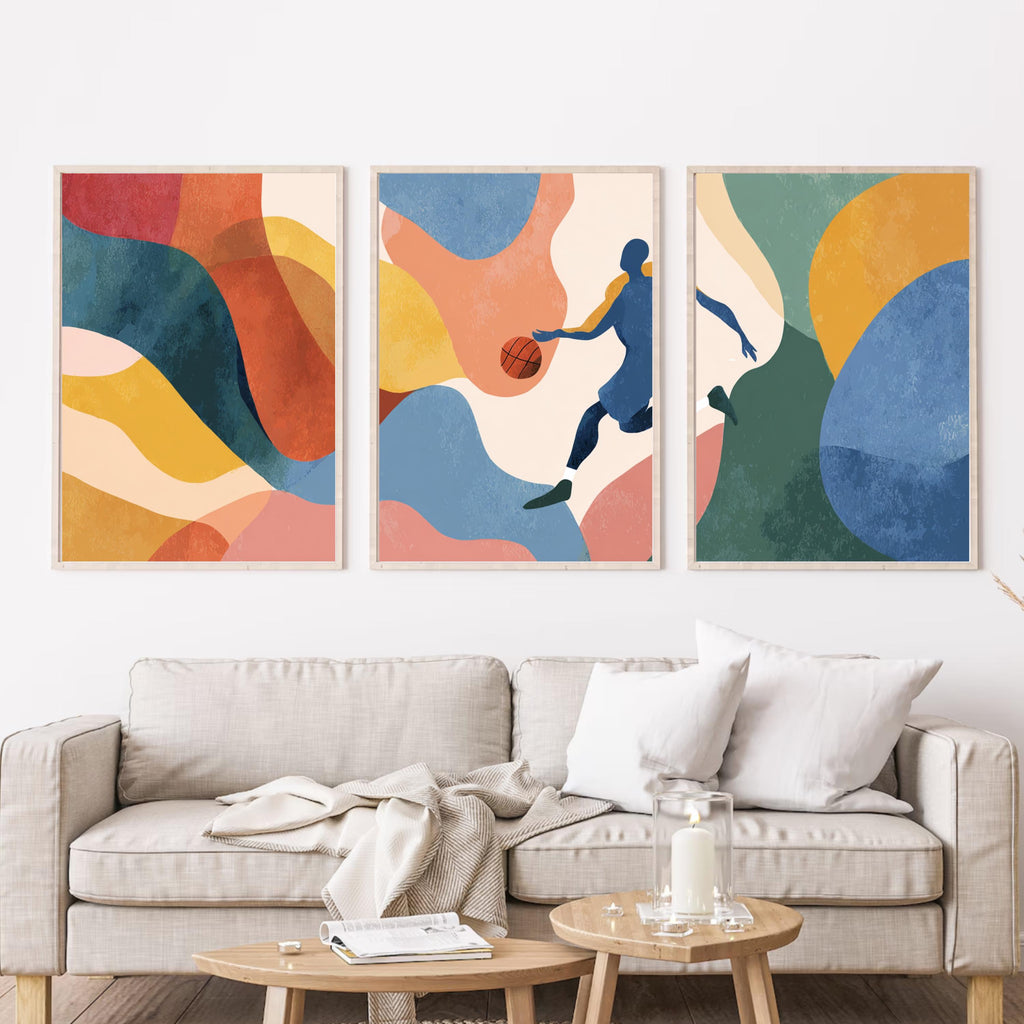 Abstract Basketball Art Poster Set | 3 Piece Sports Wall Prints | Basketball Gift for Players and Fans, Large 32x24 Inch Prints