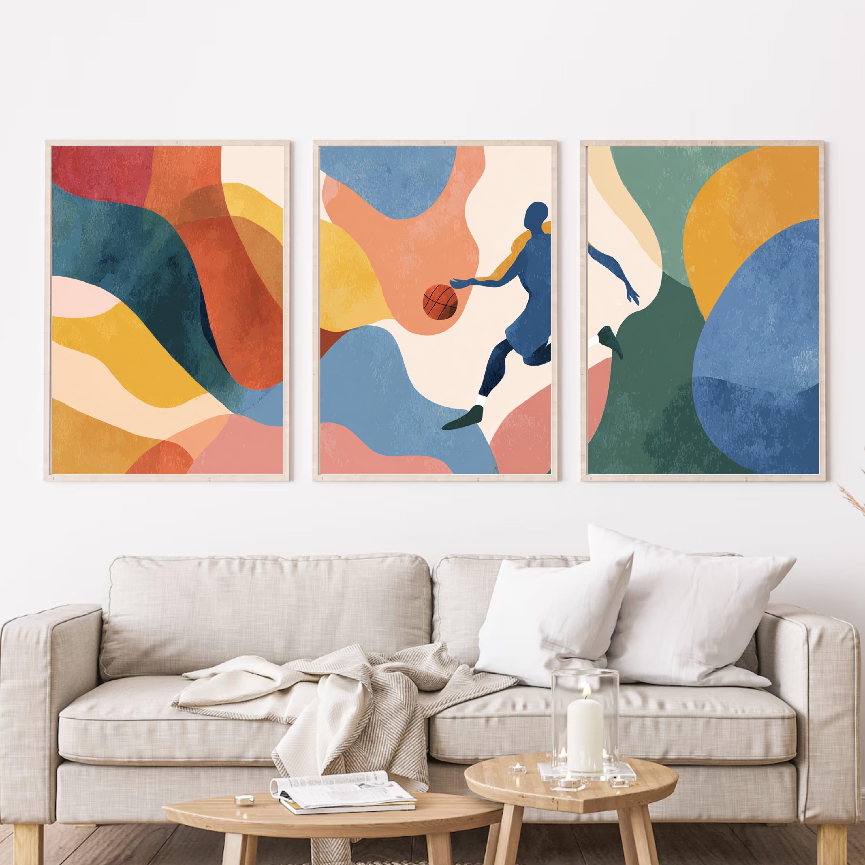 Abstract Basketball Art Poster Set | 3 Piece Sports Wall Prints | Basketball Gift for Players and Fans, Large 32x24 Inch Prints
