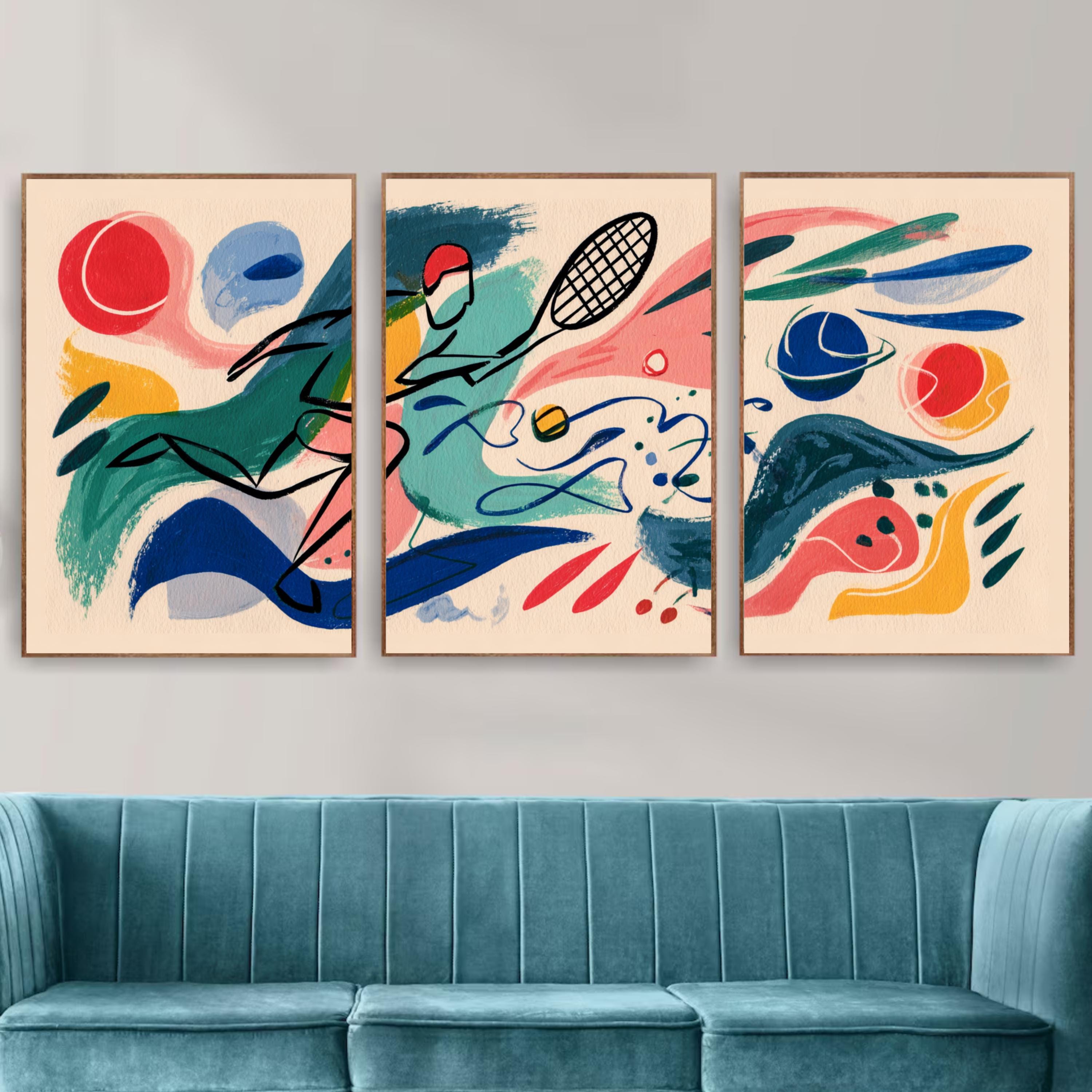 Modern Abstract Tennis Art Poster Set | Matisse Inspired Sports Wall Prints | 3 Piece Tennis Artwork