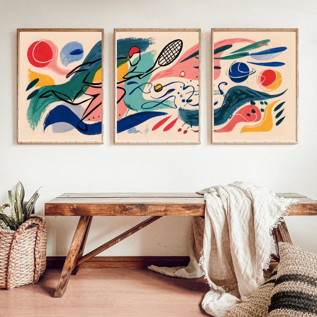 Modern Abstract Tennis Art Poster Set | Matisse Inspired Sports Wall Prints | 3 Piece Tennis Artwork