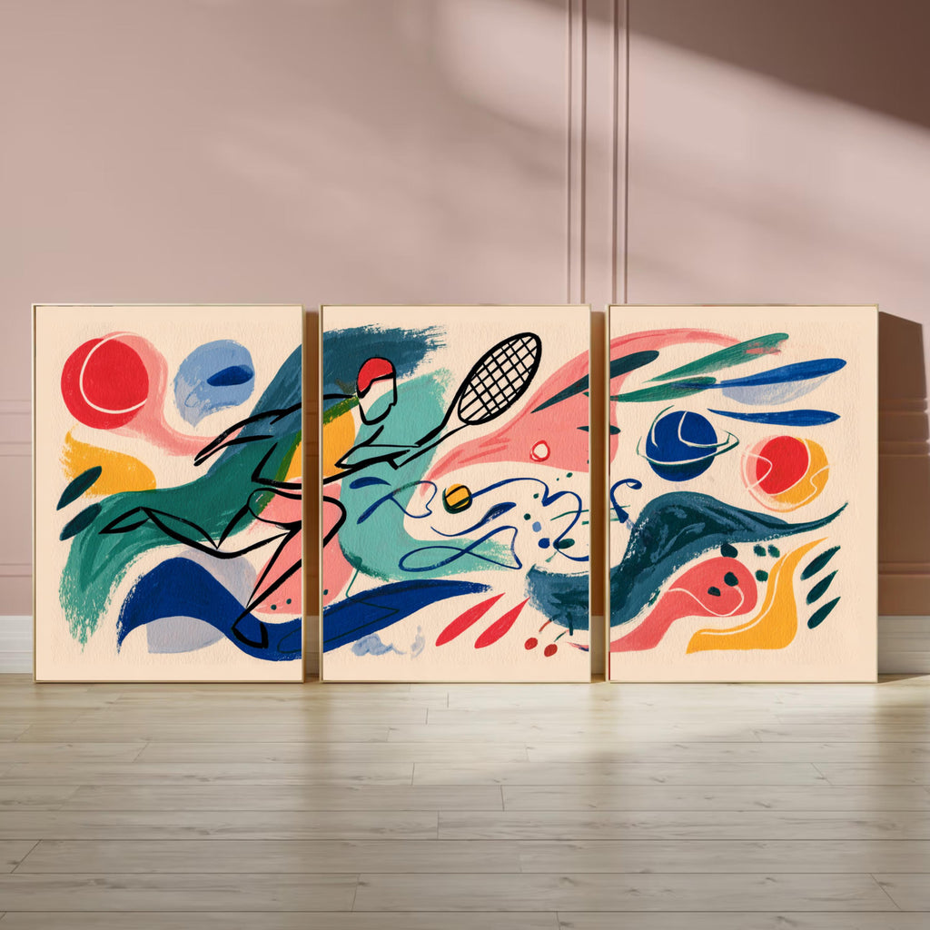 Modern Abstract Tennis Art Poster Set | Matisse Inspired Sports Wall Prints | 3 Piece Tennis Artwork