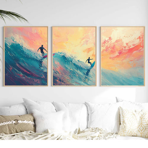 Abstract Surfing Art Poster Set | 3 Piece Ocean Wall Prints | Sunset Surfers Coastal Artwork