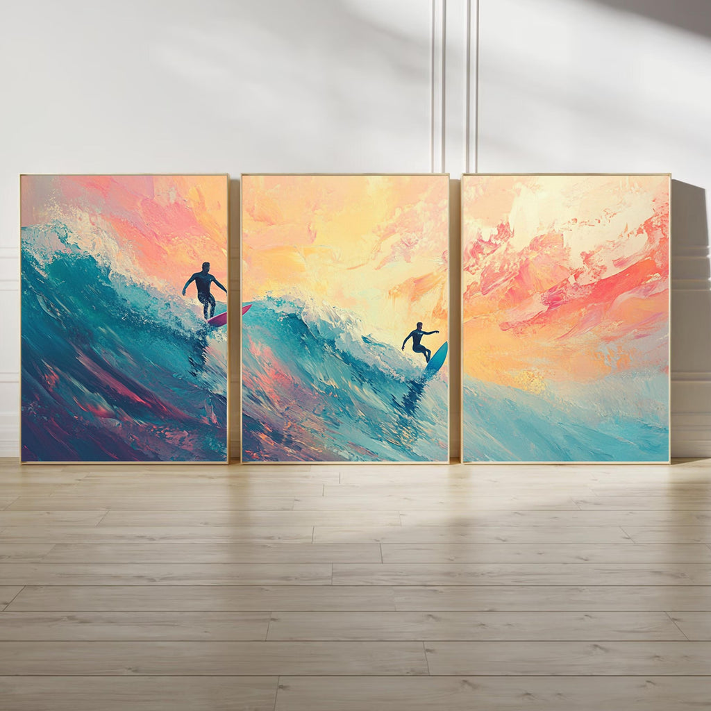 Abstract Surfing Art Poster Set | 3 Piece Ocean Wall Prints | Sunset Surfers Coastal Artwork