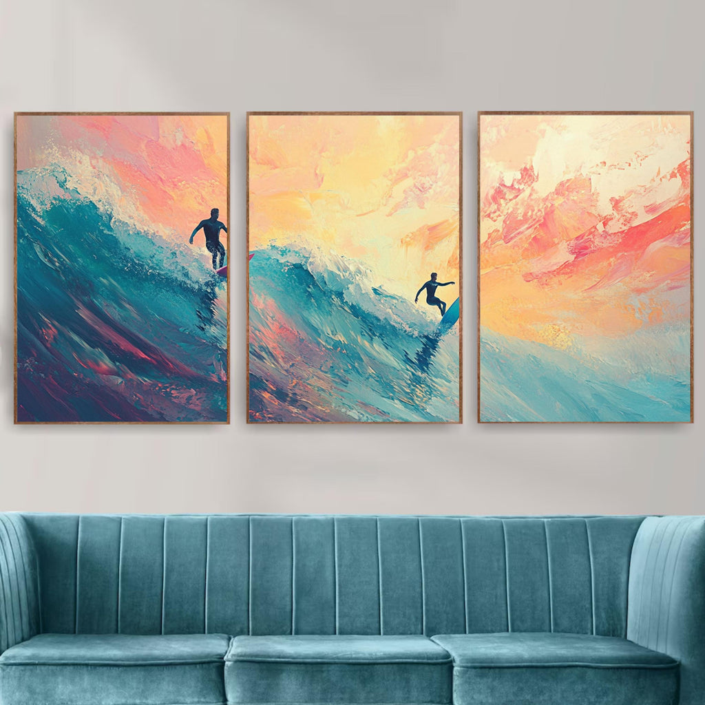 Abstract Surfing Art Poster Set | 3 Piece Ocean Wall Prints | Sunset Surfers Coastal Artwork