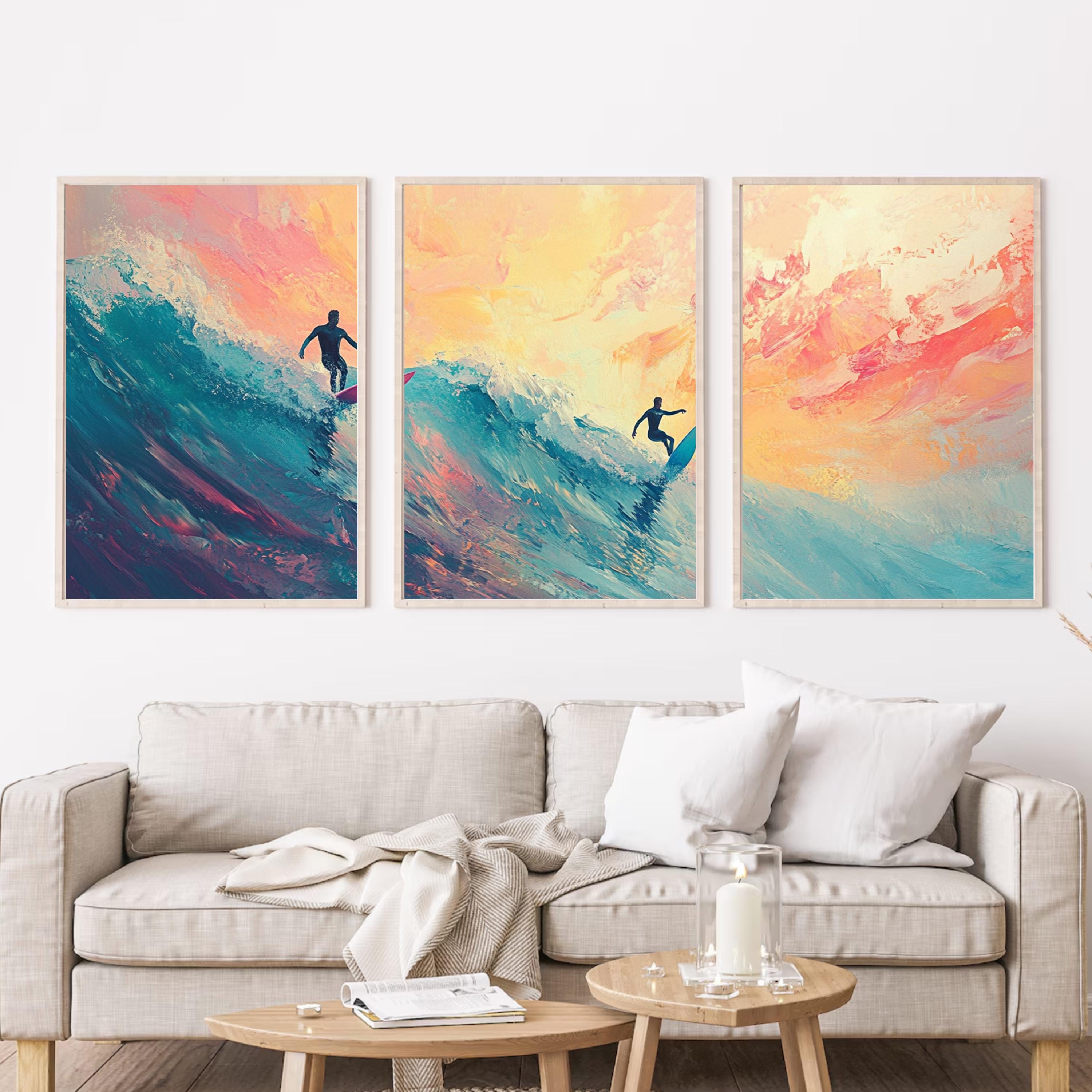 Abstract Surfing Art Poster Set | 3 Piece Ocean Wall Prints | Sunset Surfers Coastal Artwork