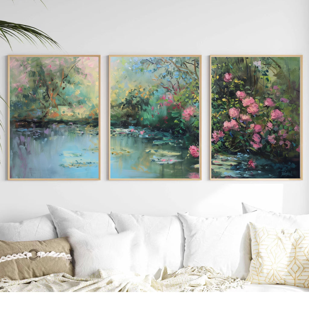 Romantic Garden Wall Art | Water Lily Pond & Pink Roses | Impressionist Nature Landscape Print | OceanBlueeArt