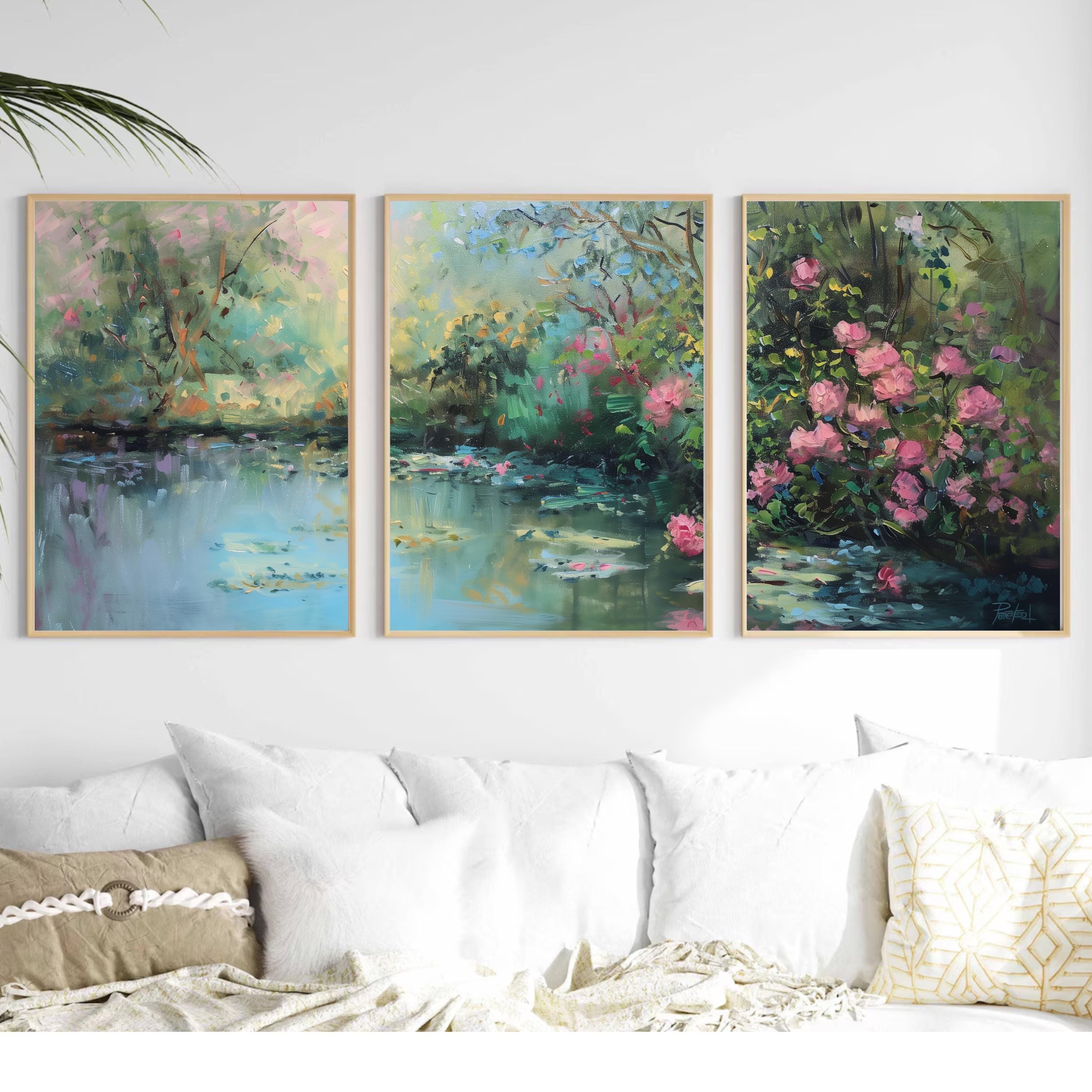 Romantic Garden Wall Art | Water Lily Pond & Pink Roses | Impressionist Nature Landscape Print | OceanBlueeArt