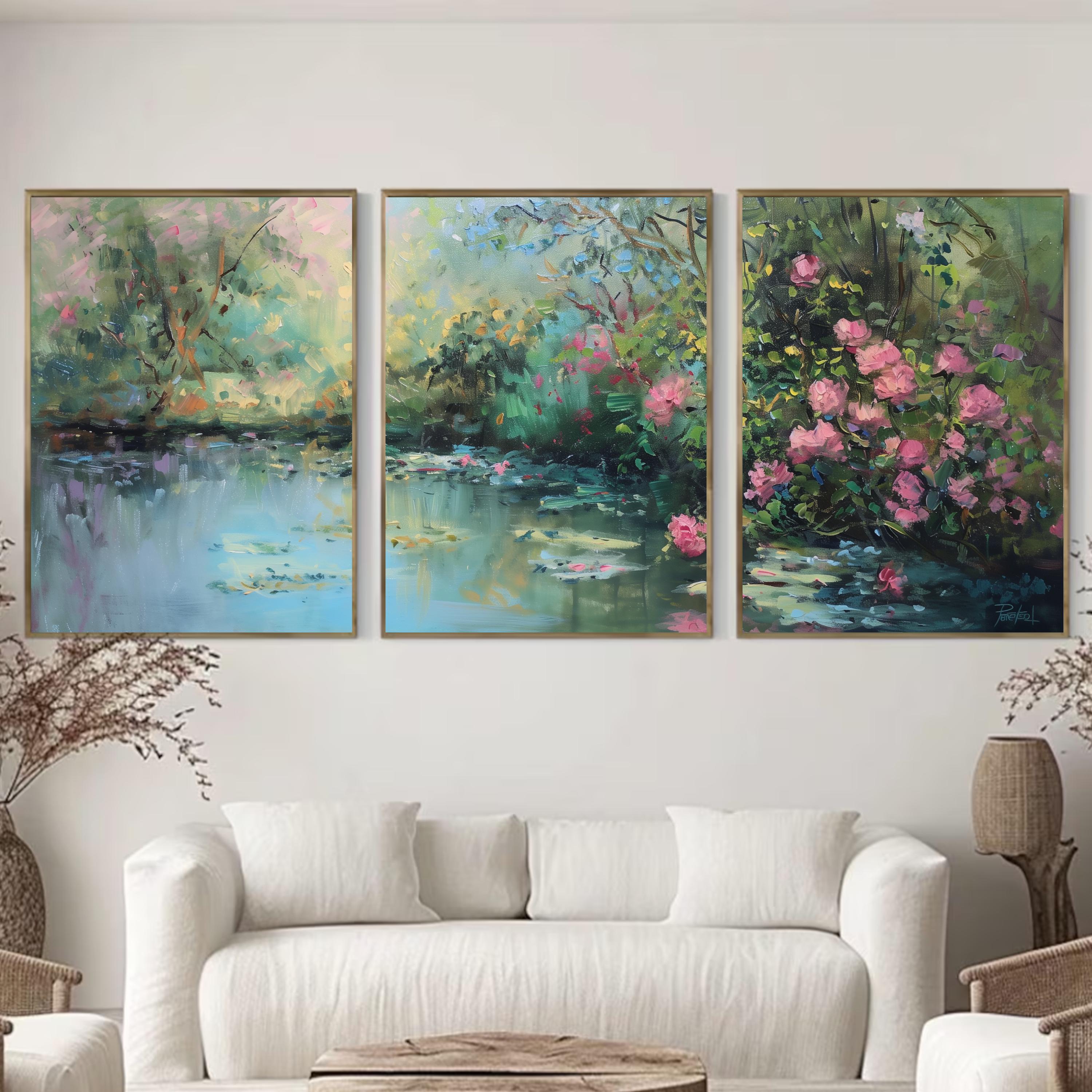 Romantic Garden Wall Art | Water Lily Pond & Pink Roses | Impressionist Nature Landscape Print | OceanBlueeArt