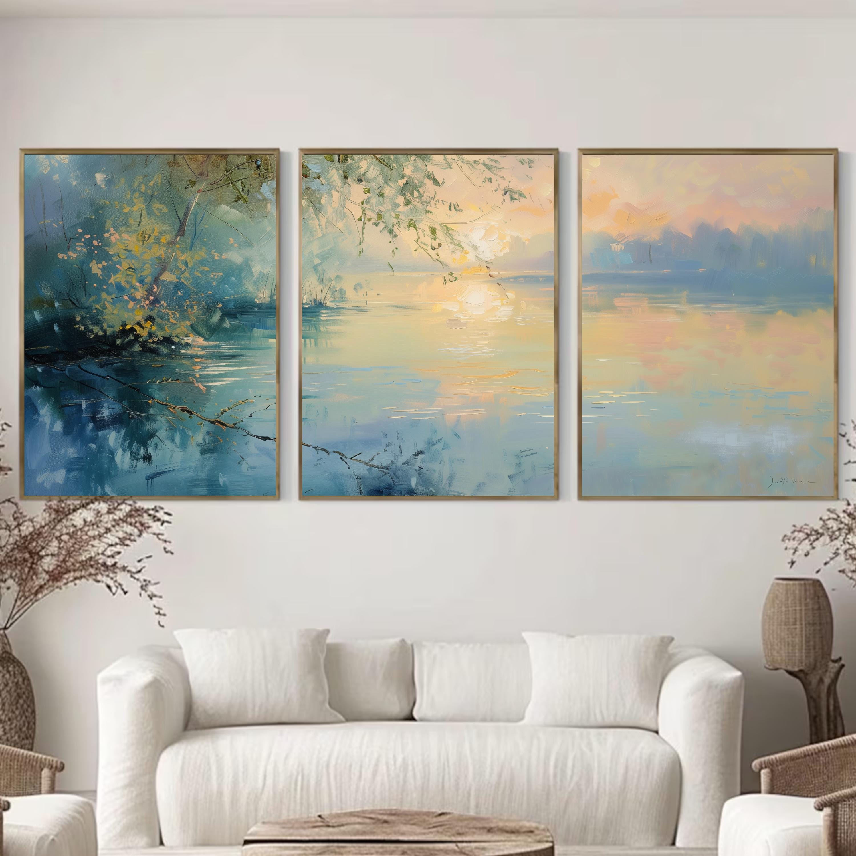 Pastel Lake Sunset Wall Art | Tranquil Waters & Golden Reflections | Soft Landscape Painting Print | OceanBlueeArt
