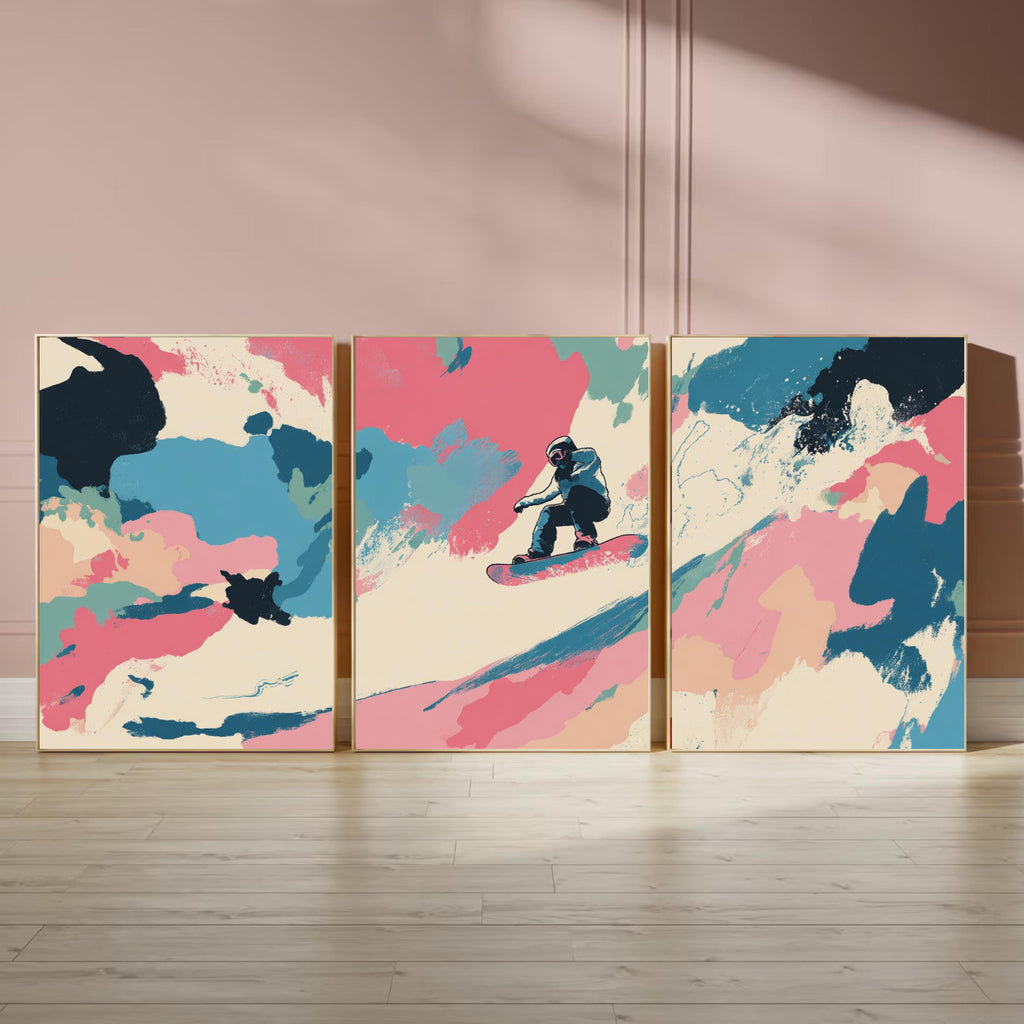 Abstract Snowboarding Painting Poster Set | 3 Piece Wall Art Prints | Extreme Winter Sports Acrylic Artwork | Large 32x24 Inch Prints