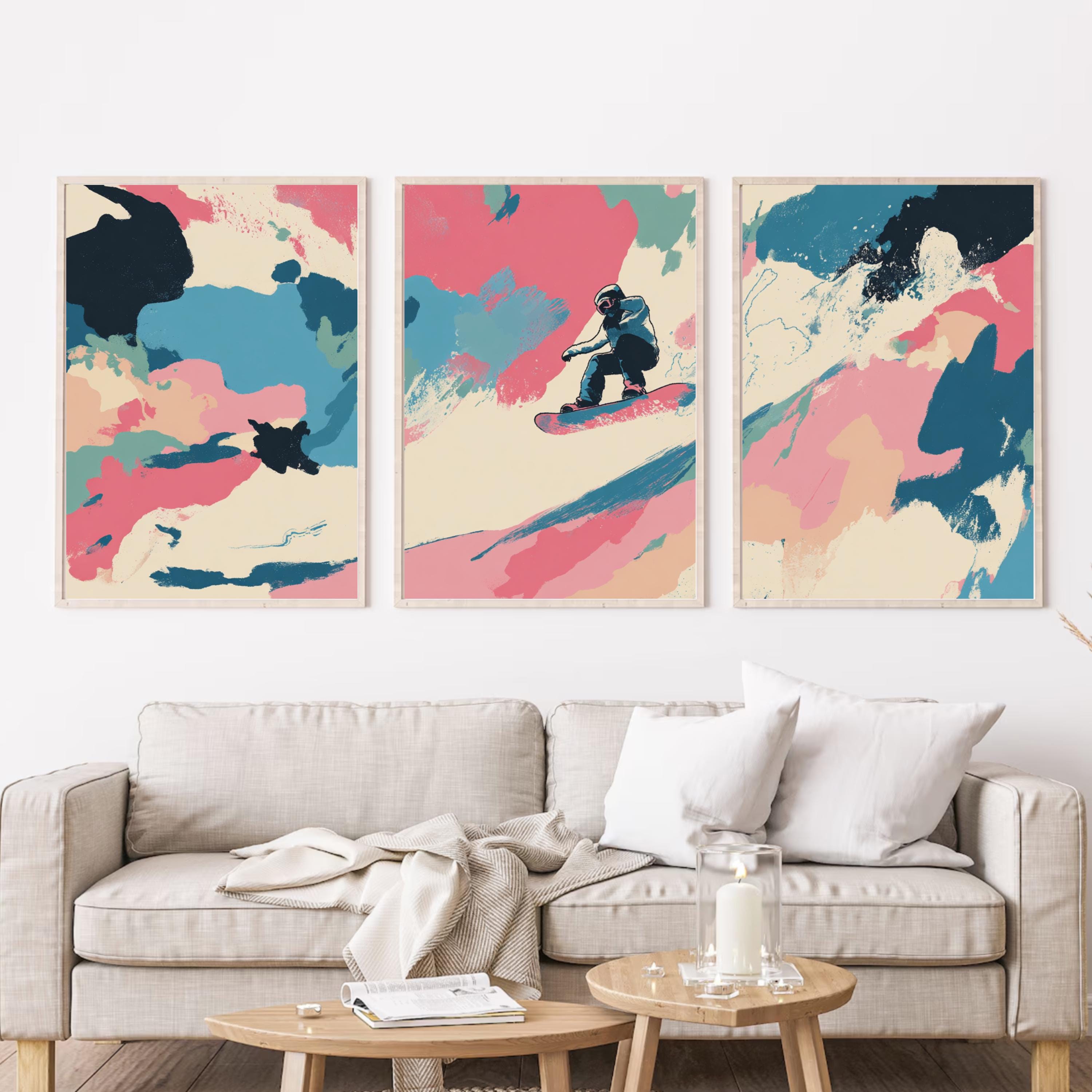 Abstract Snowboarding Painting Poster Set | 3 Piece Wall Art Prints | Extreme Winter Sports Acrylic Artwork | Large 32x24 Inch Prints