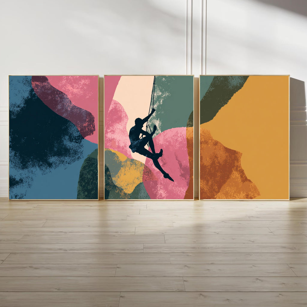 Abstract Rock Climbing Painting Poster Set | 3 Piece Wall Art Prints | Extreme Outdoor Sports Acrylic Artwork | Large 32x24 Inch Prints
